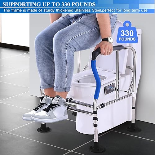 Miniatura 4 de Marco de rieles de seguridad para inodoro, barra transversal doble resistente y ventosas, de pie independiente con asas para personas mayores (330
