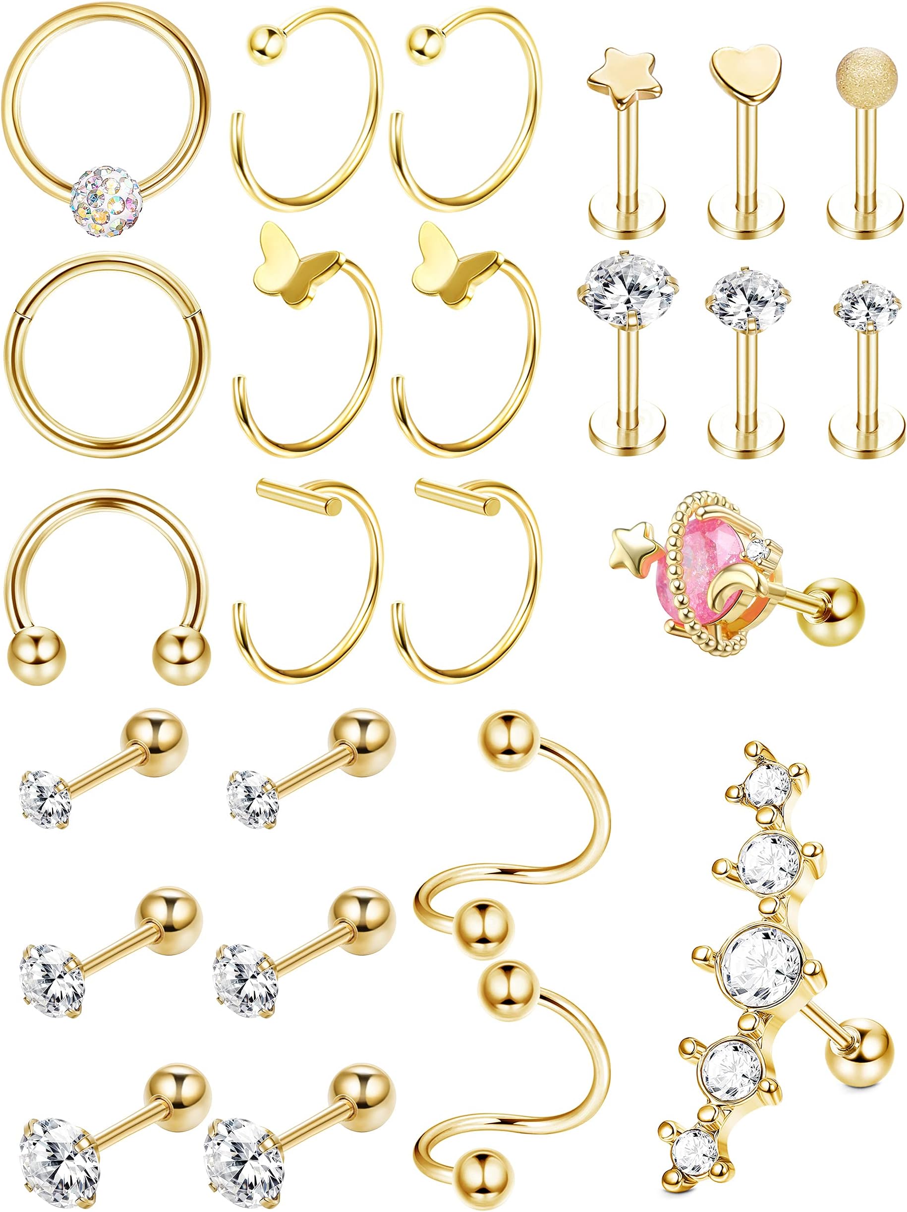 Kakonia25Pcs 16-20G Helix Piercings Jewellery for Women Gold Silver Stainless Steel Helix Cartilage Tragus Earrings Stud Hoop Earrings CZ Star Heart Piercings Jewellery for Women