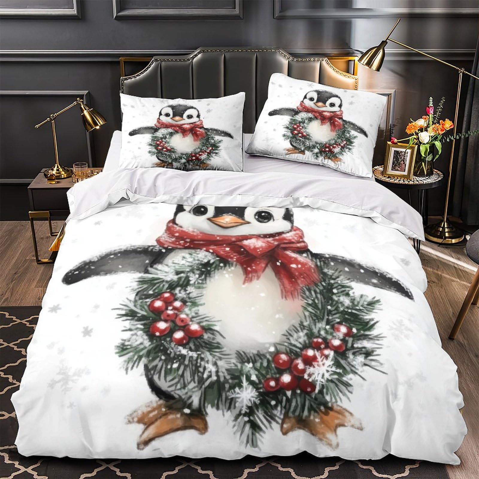 Housse de couette 3D pingouin de Noël hypoallergique pour peau sensible single