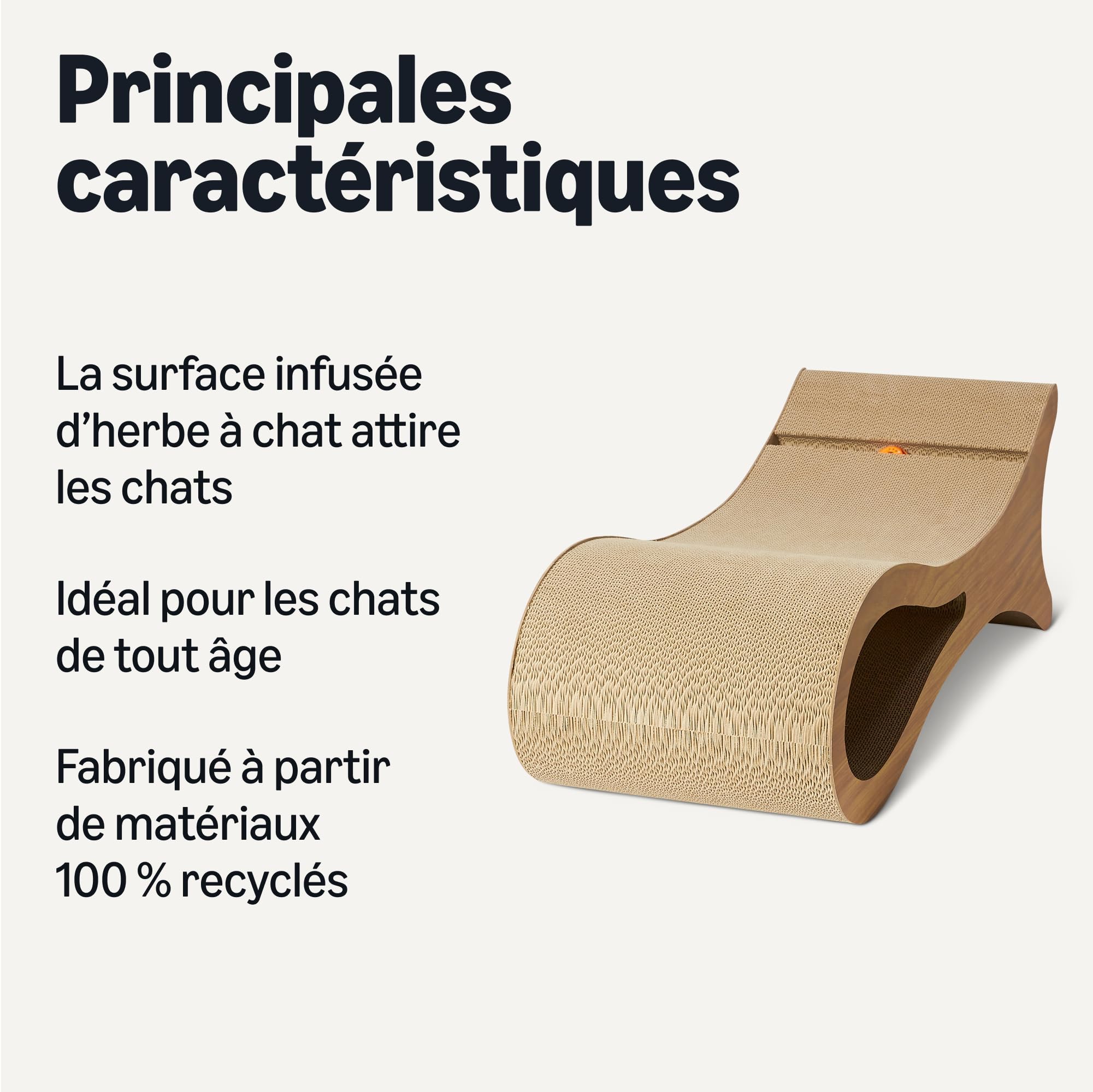 Amazon Basics Griffoir-Lit pour Chats d’Intérieur, Griffoir en Forme de Lit et en Carton Ondulé avec Balle Interactive et Herbe à Chat, Certification FSC, 87,1cm x 30,0cm x 30,0cm, Couleur Bois