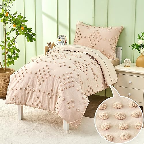 Juego de ropa de cama de 4 piezas para niñas pequeñas de jacquard beige con pompones, bordado, bohemio, con lunares copetudos, juego de edredón para disponible en Yaxa Venezuela