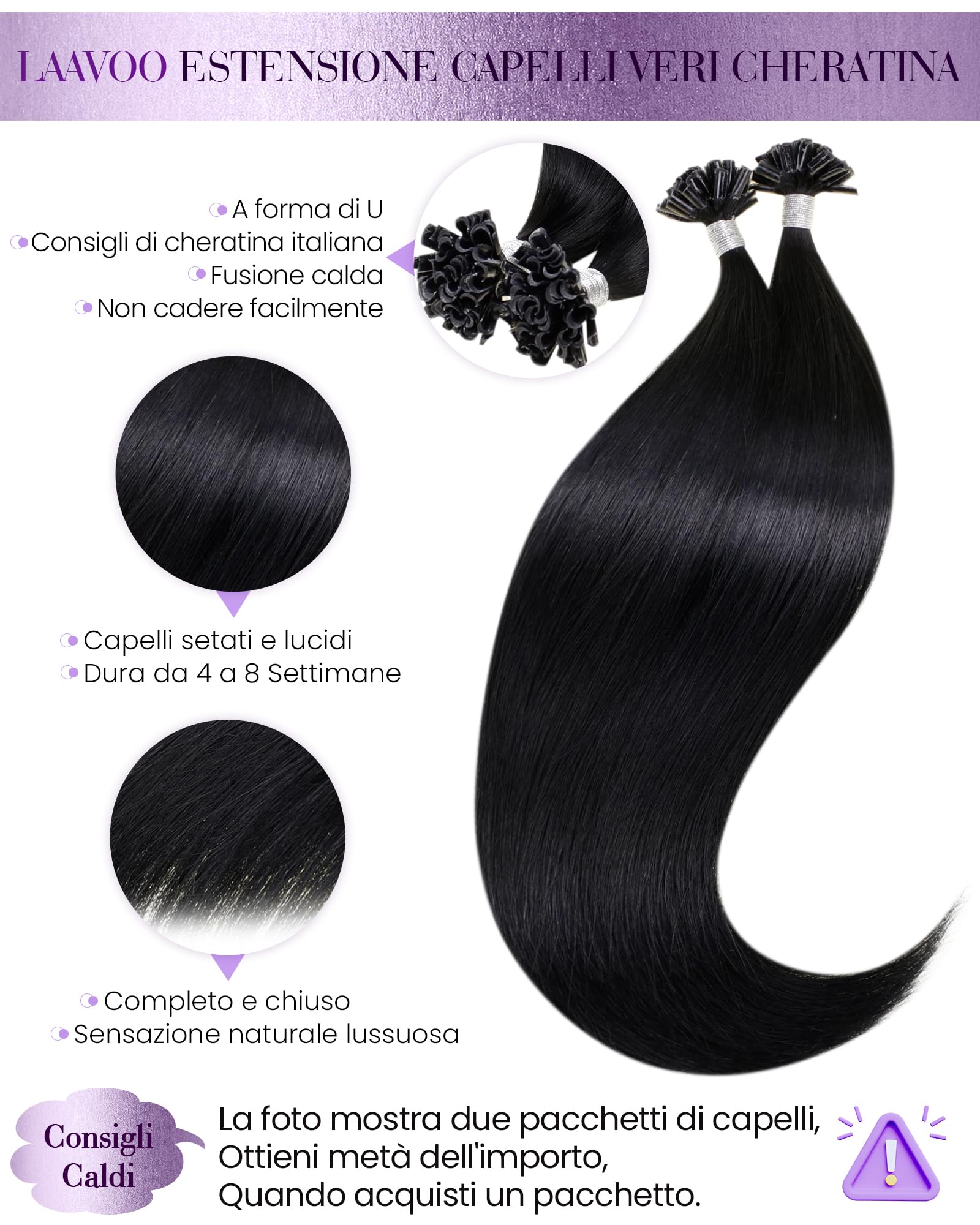 LaaVoo Extension Capelli Veri Cheratina Nero Jet 60cm 50g 50 Ciocche Morbidi Setosi