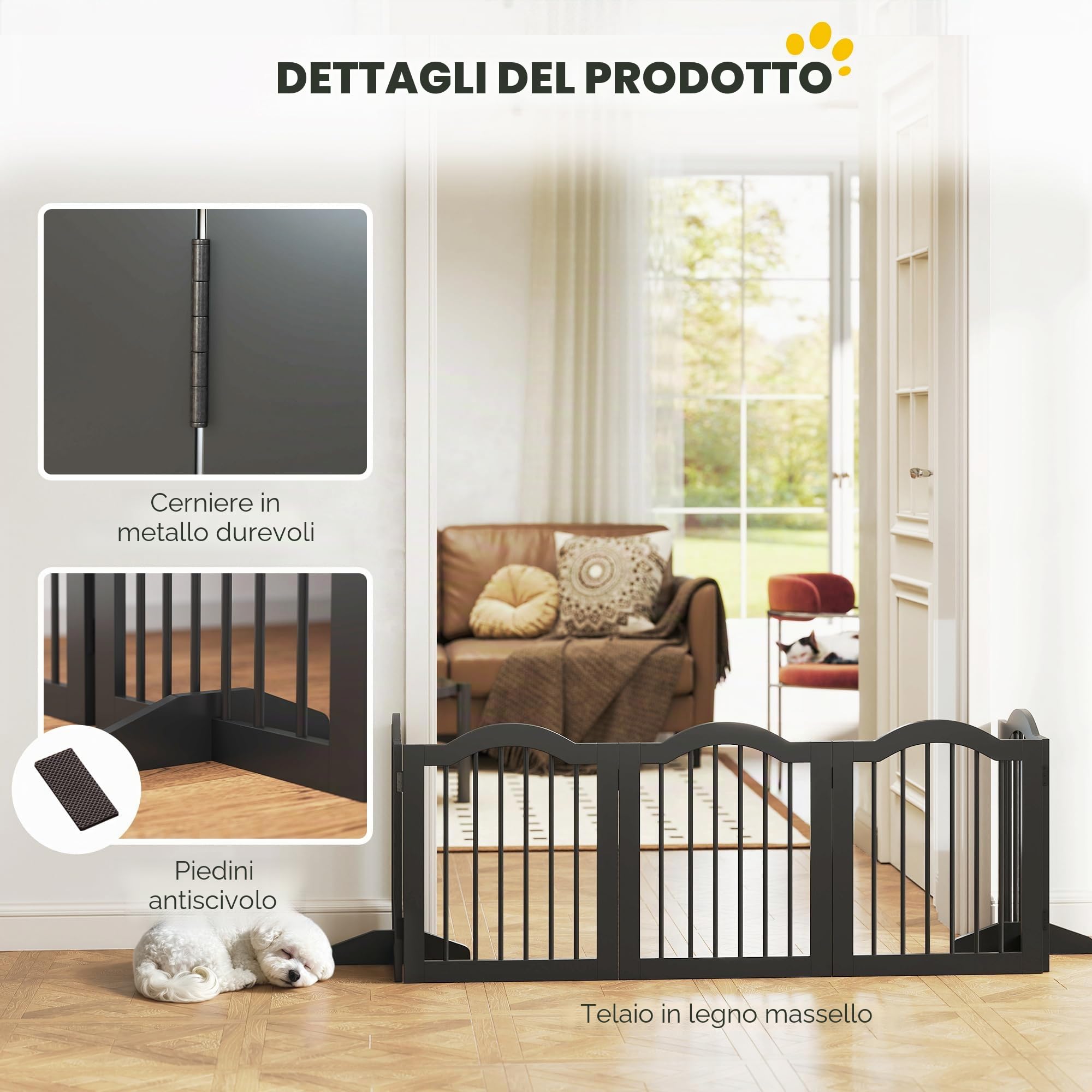 PawHut Cancello animali autoportante con piedi per porta Nero | Cancello legno, recinto pieghevole, barriera sicurezza, casa, scale