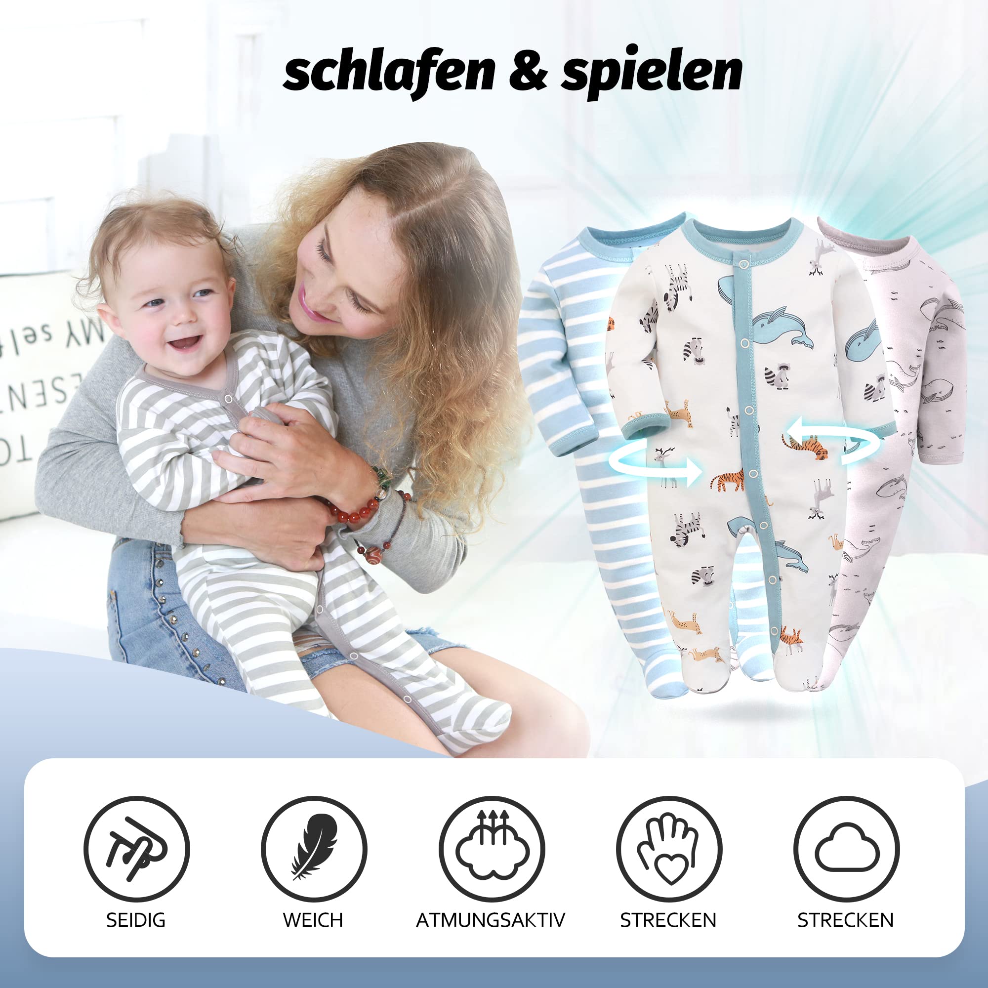 Miracle Baby 3 pièces bébé barboteuses bébé pyjama sac de couchage en coton avec pieds avec boutons Gr. 56 62 68 pour nouveau-né filles