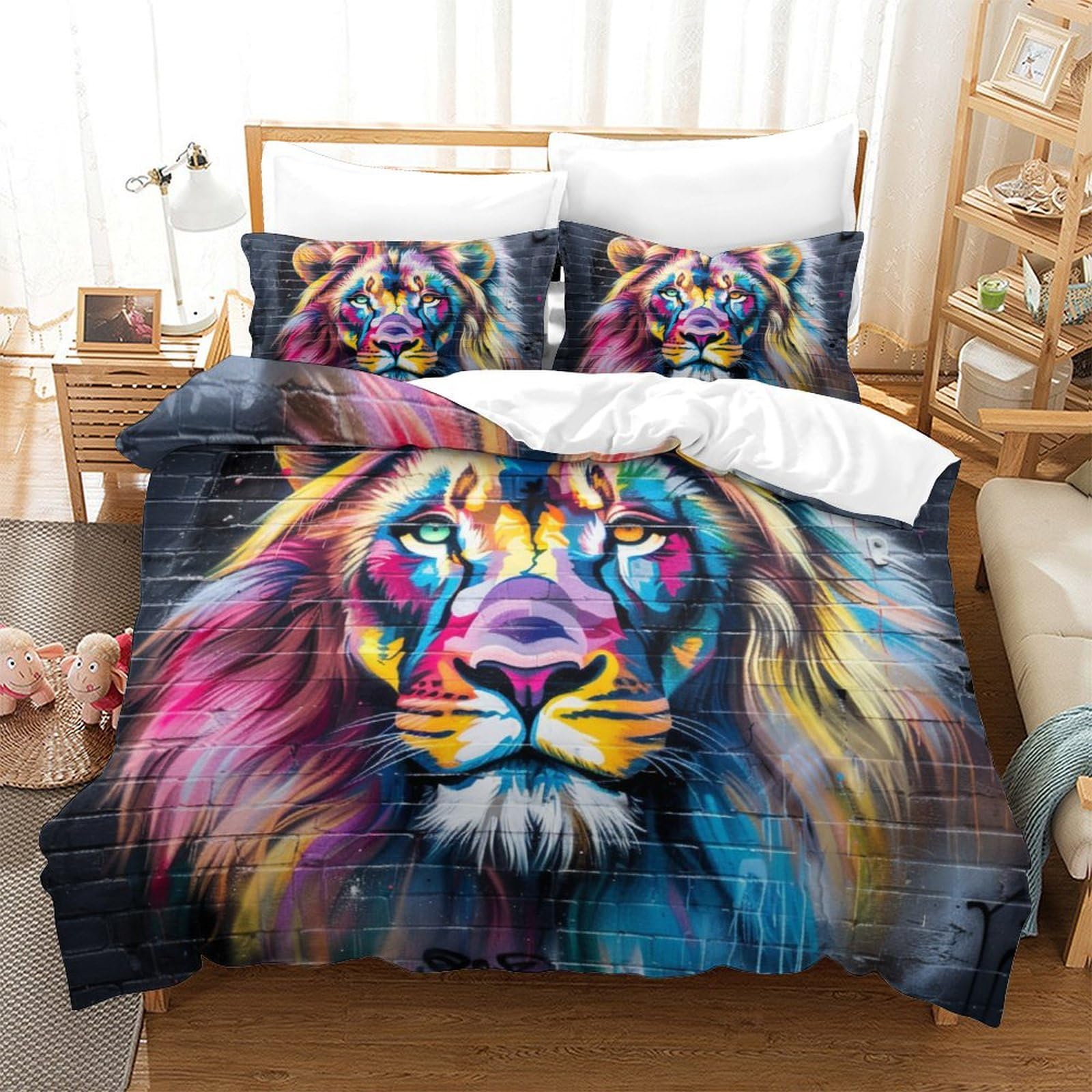 Housse de couette lion 3D 260x220 cm dotée d'une fermeture éclair pratique pour grand lit