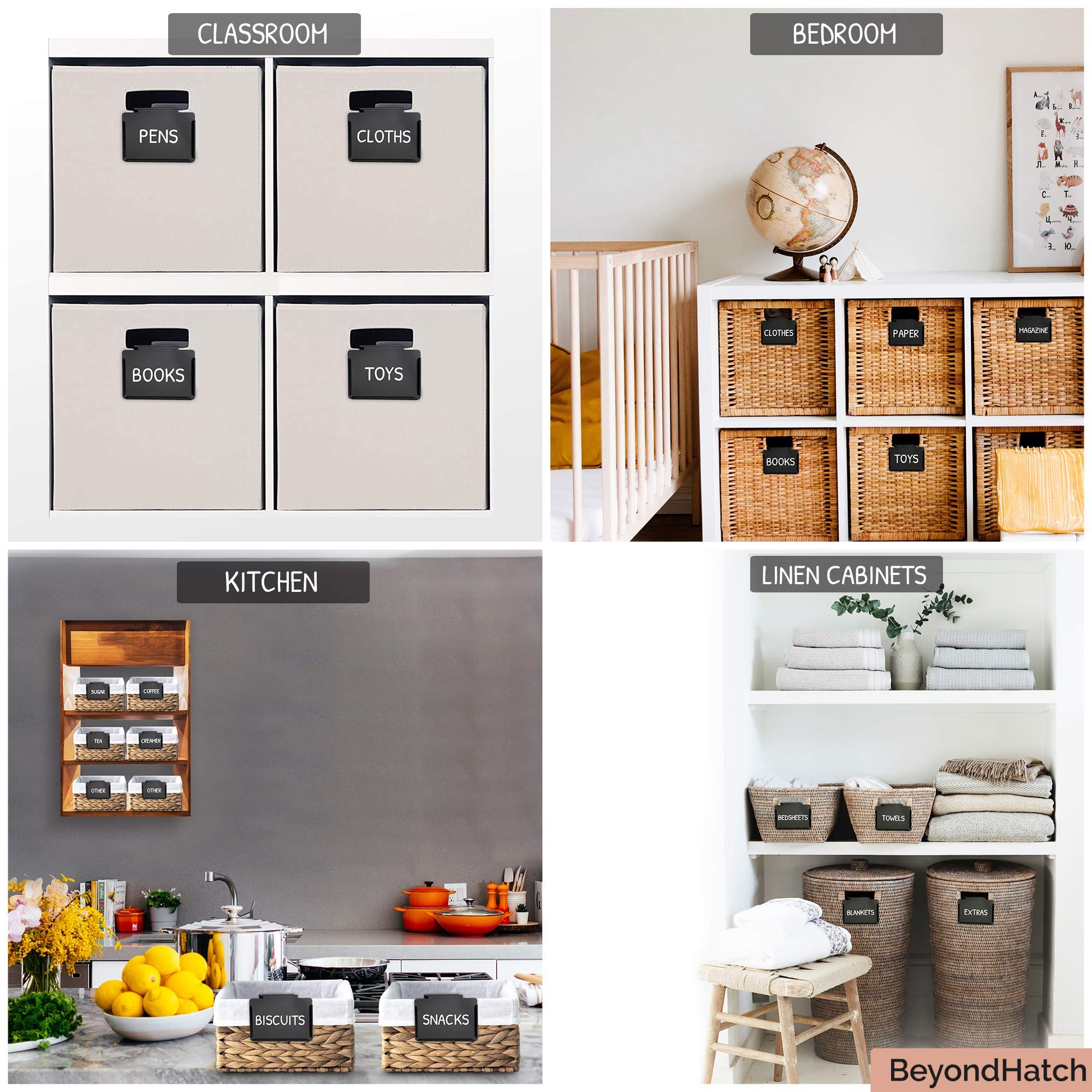 Basket Bin Labels Clip On 10 Black Label Holders with 10 Reusable