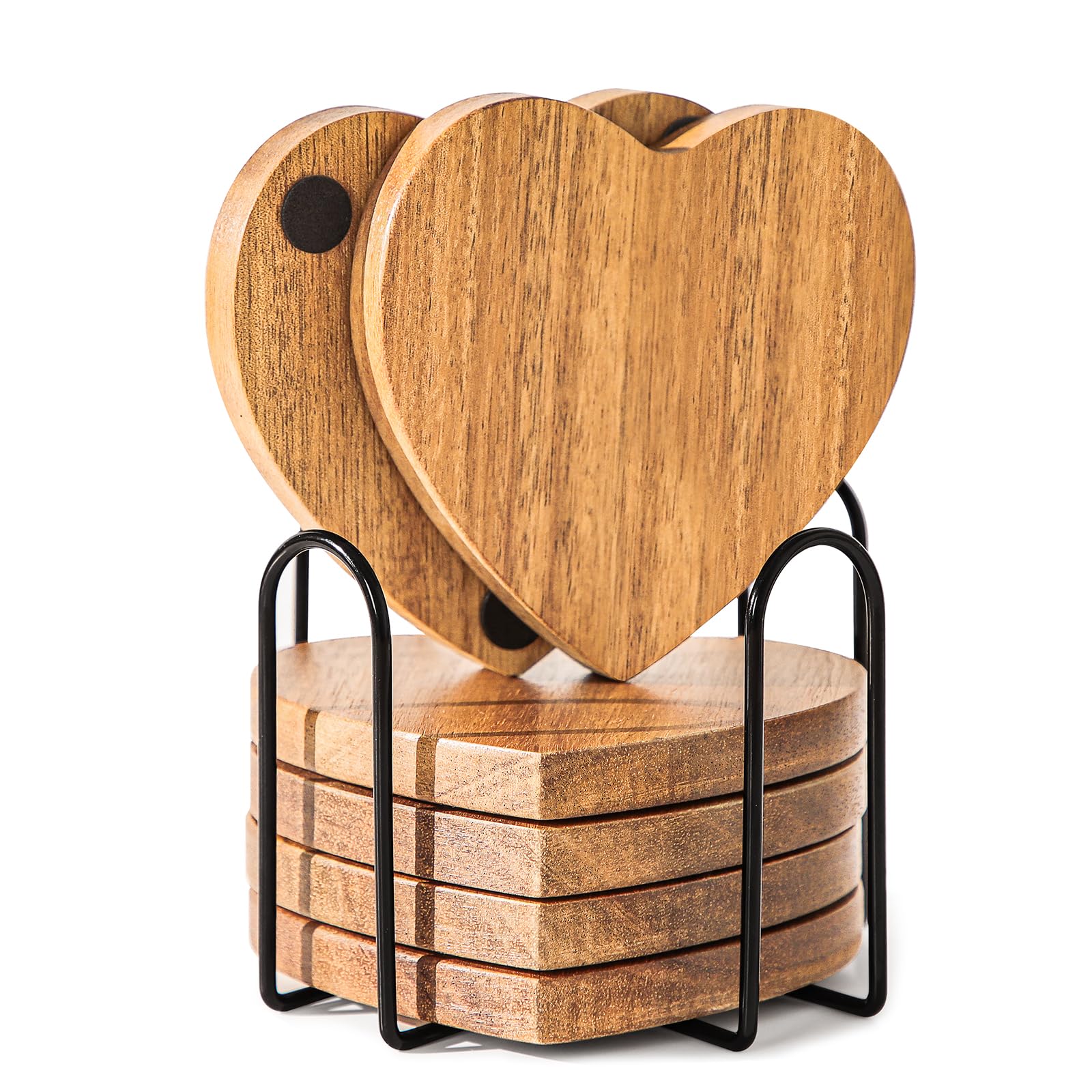WLWNWFT Acacia Wood Drink Coasters with Holder Heart Shape, Wooden Coasters or Glasses Drinkings Coffee Table Desk Round with Non-Slip Pad Cup Coasters for Home Office Christmas Decor 4 Inch Set of 6