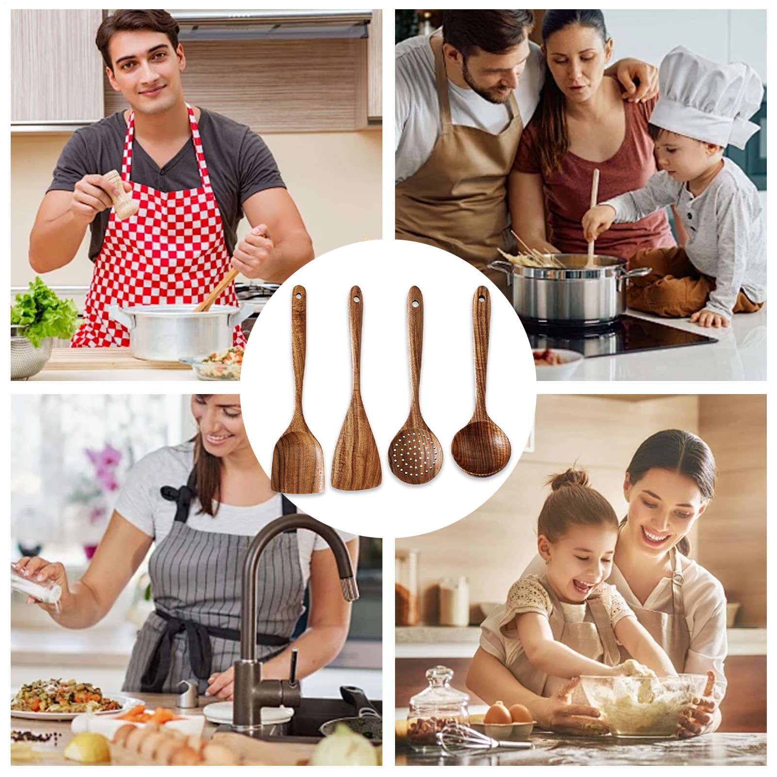 Juego de utensilios de cocina de madera natural - Cucharas de cocina de 4