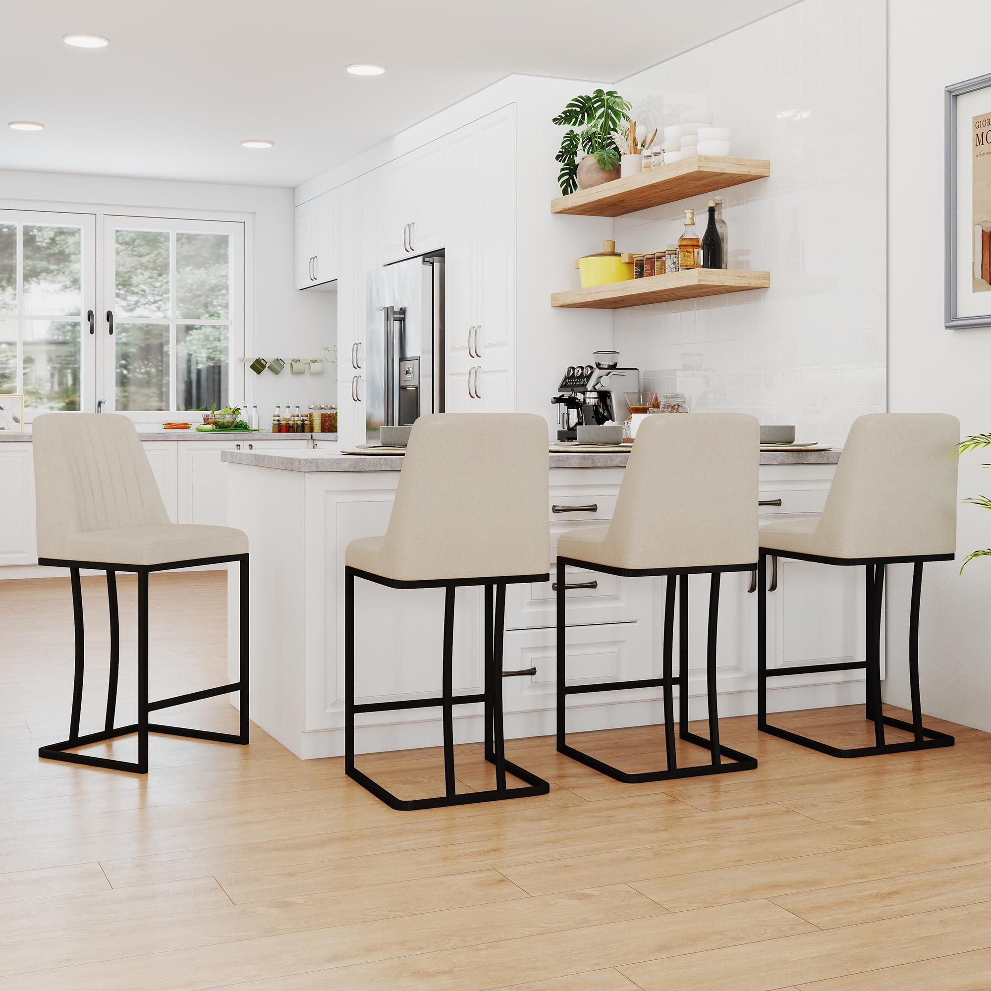 LSSPAID Counter Height Bar Stools Set of 4, 24.8 Inch Modern Upholstered Fabric Kitchen Island Chairs with Backrest and Footrest, Black Metal Leg for