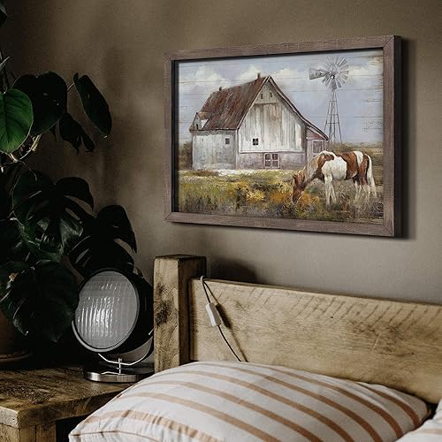 Miniatura 6 de Decoración artística enmarcada de granero imagen de madera rústica de granja, molino de viento, prado, paisaje, animales, caballos, impresiones para