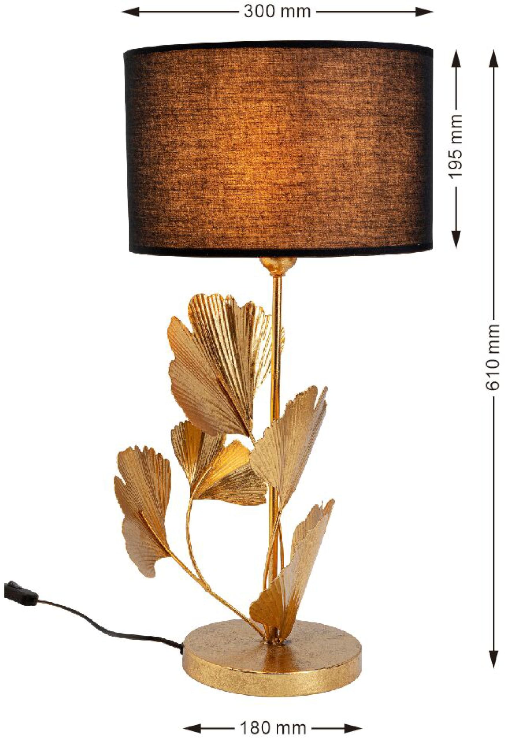 Kare Design Lampada da tavolo Flores Gold, nero, moderno, glamour, abat jour, stanza da letto, struttura in acciaio, effetto foglie di ginkgo, lampada da scrivania, lampadina non inclusa, 62x30x30 cm