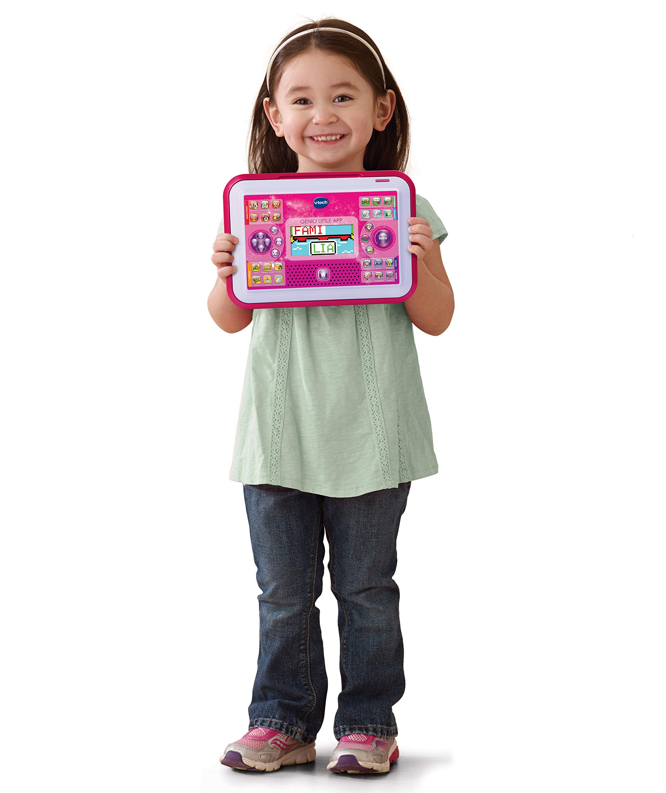 VTech - Portátil y Tablet 2 en 1 Genio Little App, Ordenador Infantil Educativo para niños +4 años, 80 Actividades Que enseñan Letras, inglés, matemáticas, Ciencias, Color Rosa, Versión ESP