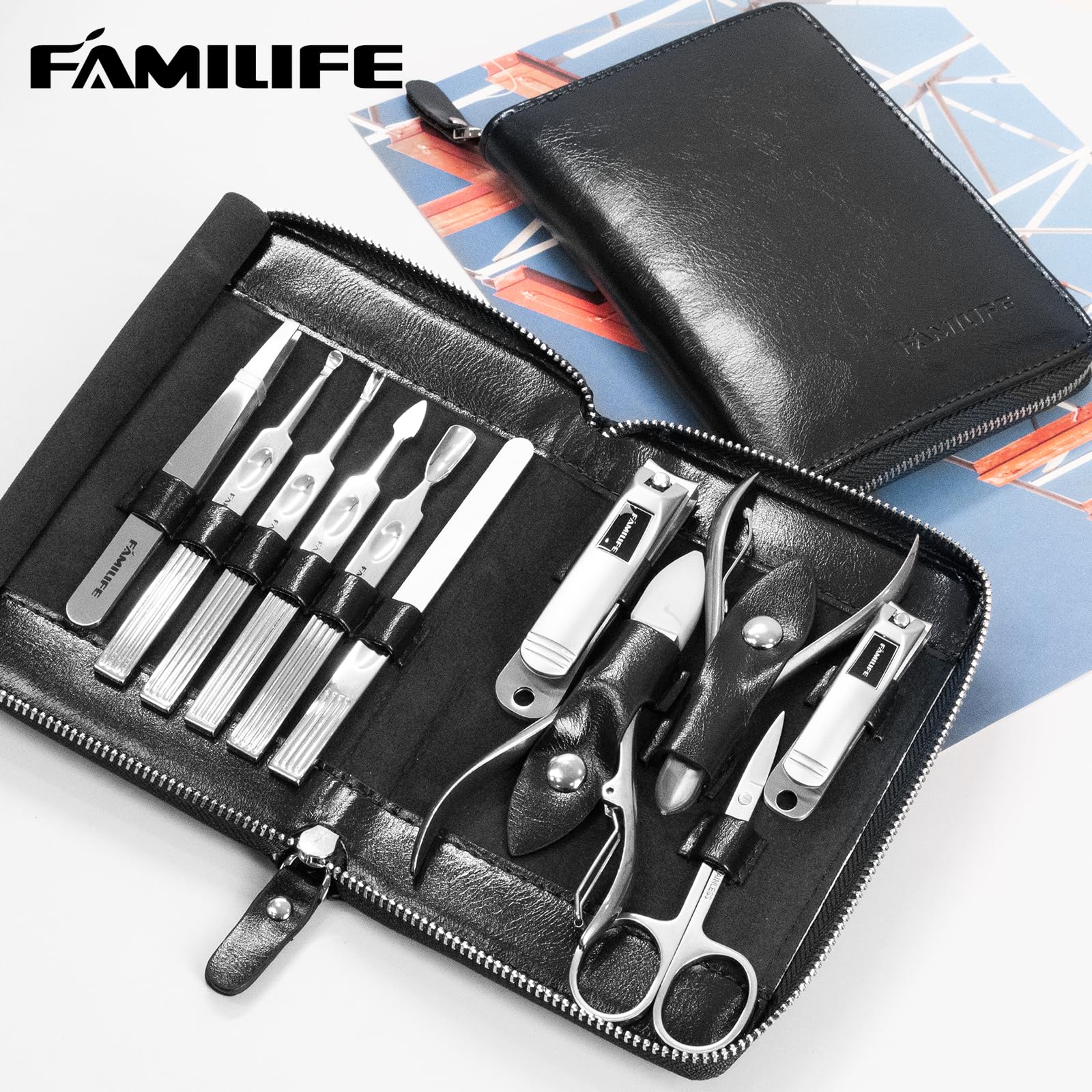 Manicure Kit, FAMILIFE Professional Manicure Set Nail Kit, 11 in 1 Stainless Steel Nail Clippers Set for Men Pedicure Kit, Men Grooming Kit with Portable Black Leather Travel Case Luxury Gifts for Him