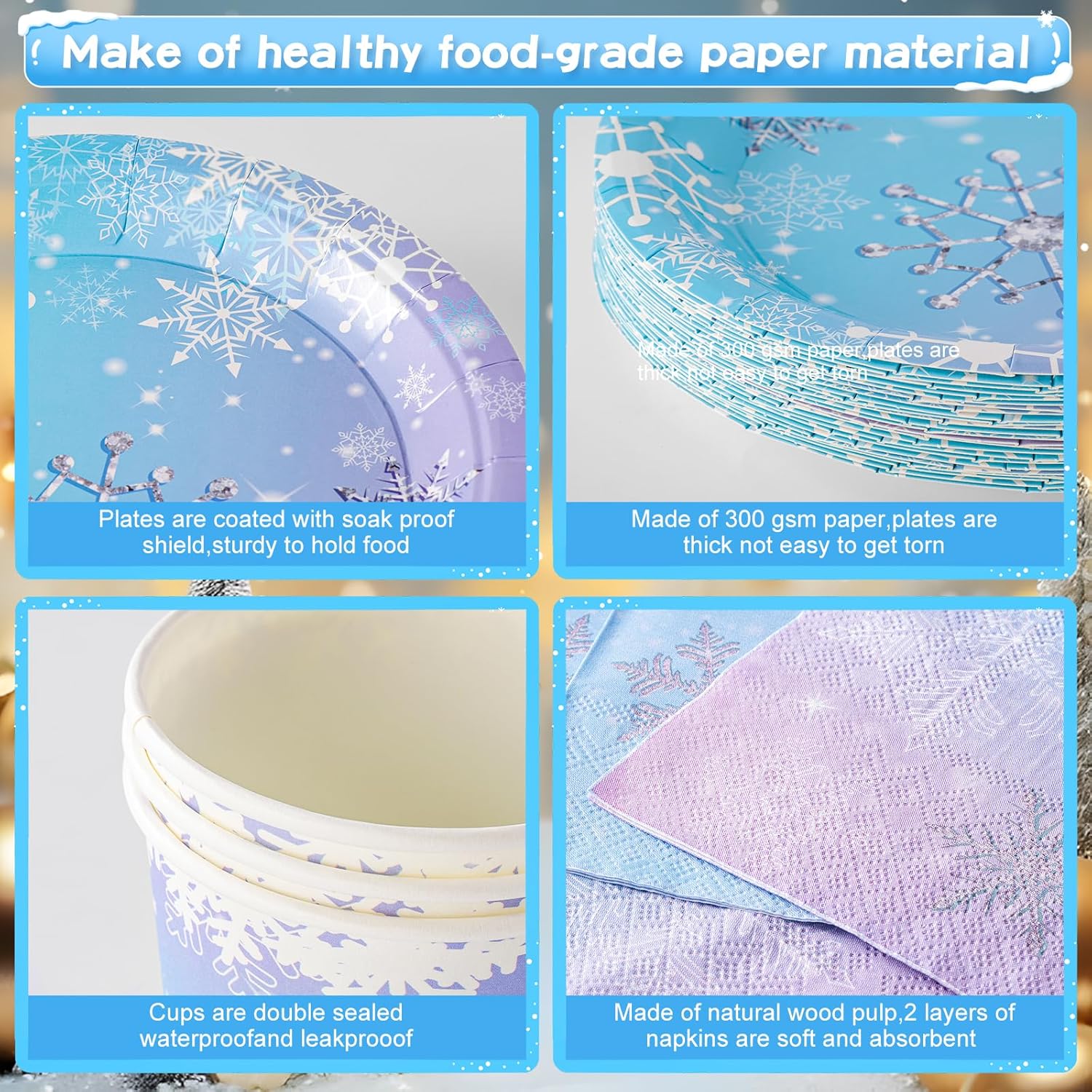 WINTS 175 Pcs Winter Wonderland Birthday Party Supplies, Disposable Snowflake Plates Tableware Set,Paper Plates,Napkins,Cups,Tablecloth Decor for Magical Snowflake Decorations,Serves 24 Guests - Image 5