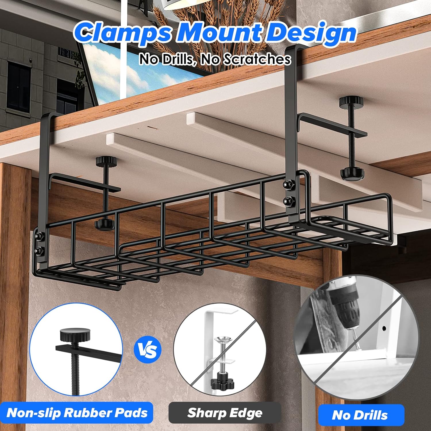 Under Desk Cable Management Tray -2 Pack, Upgraded Long Arm Clamp, Inward Or Outward,Cord Organizer For Desk,Desk Wire Management,under Table Cable Management Rack,Desk Cable Organizer,Fits Most Table : Electronics