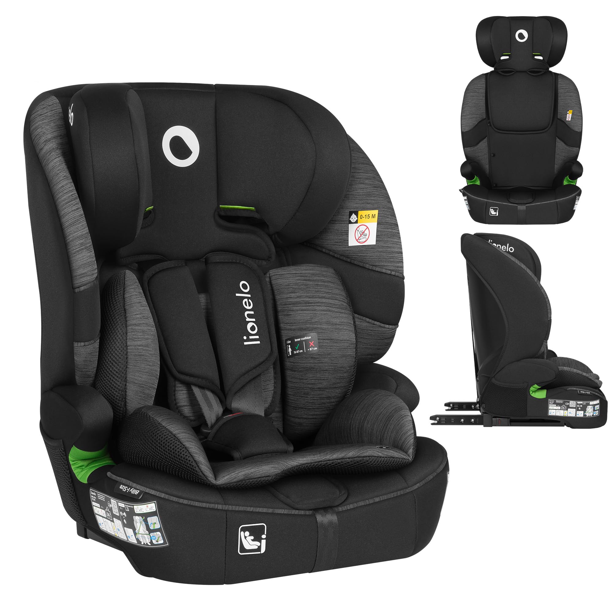 LIONELO BILLY I-SIZE Silla de Coche para Bebé, 76-150 cm De aprox. 15 meses a 12 años, Fijación ISOFIX o Cinturón de Seguridad, Reposacabezas Ajustable, Protección Lateral Norma R129.