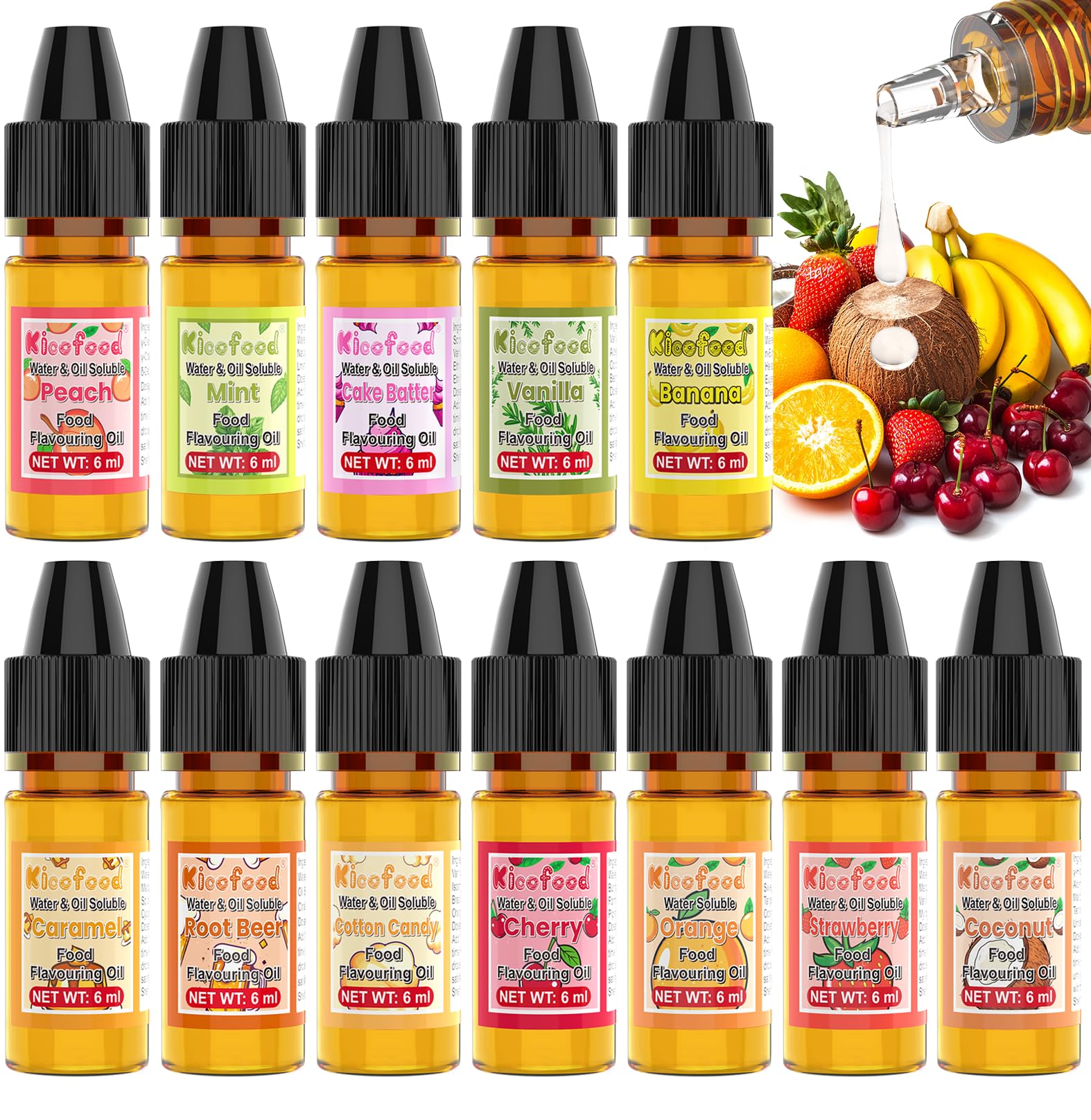 Aromas Alimentarios - 12 Saborizantes Sin Azucar Concentrado para Yogur, Hornear, Bebidas, Postres, Requesón, Pastel, Jabón, Soluble En Agua Y Aceite – 6ml