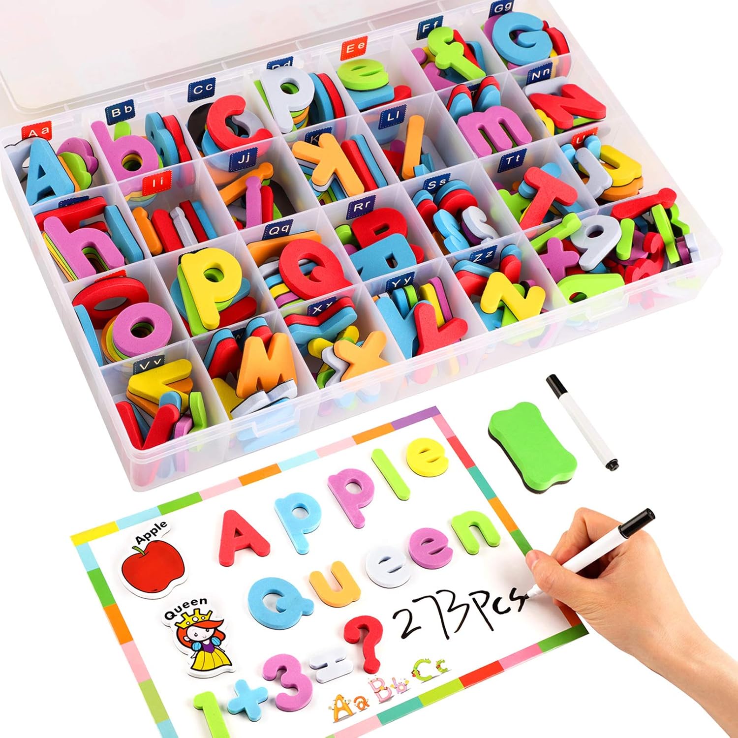Morfone 273PCS Magnetic Letters Numbers Set with Magnetic Board Storage Box, Foam Alphabet Letter ABC Cartoon Refrigerator Magnets Educational Toys Preschool Learning Tools for Toddlers Kids Children