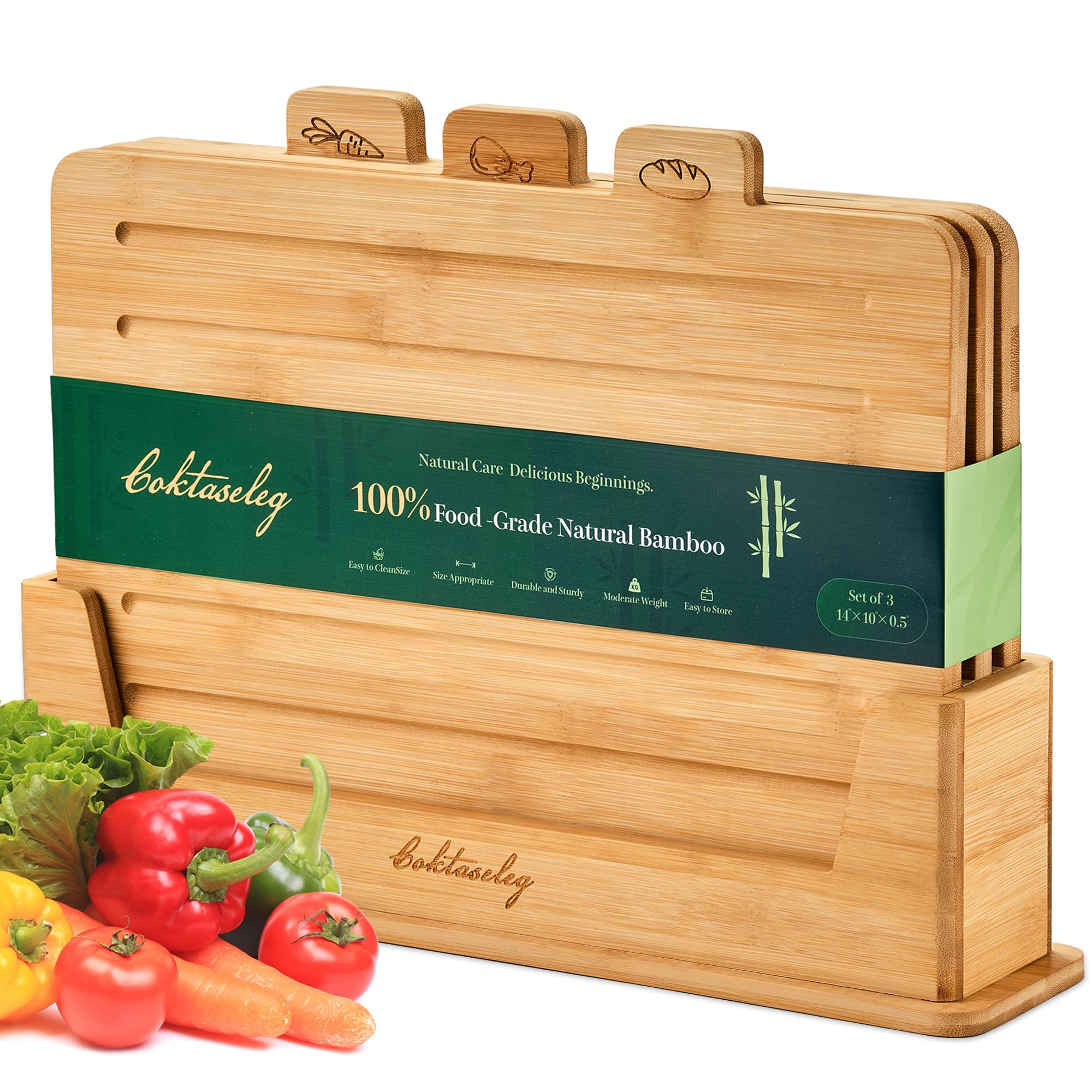 Coktaseleg Bamboo Cutting Boards for Kitchen Set of 3 with Holder