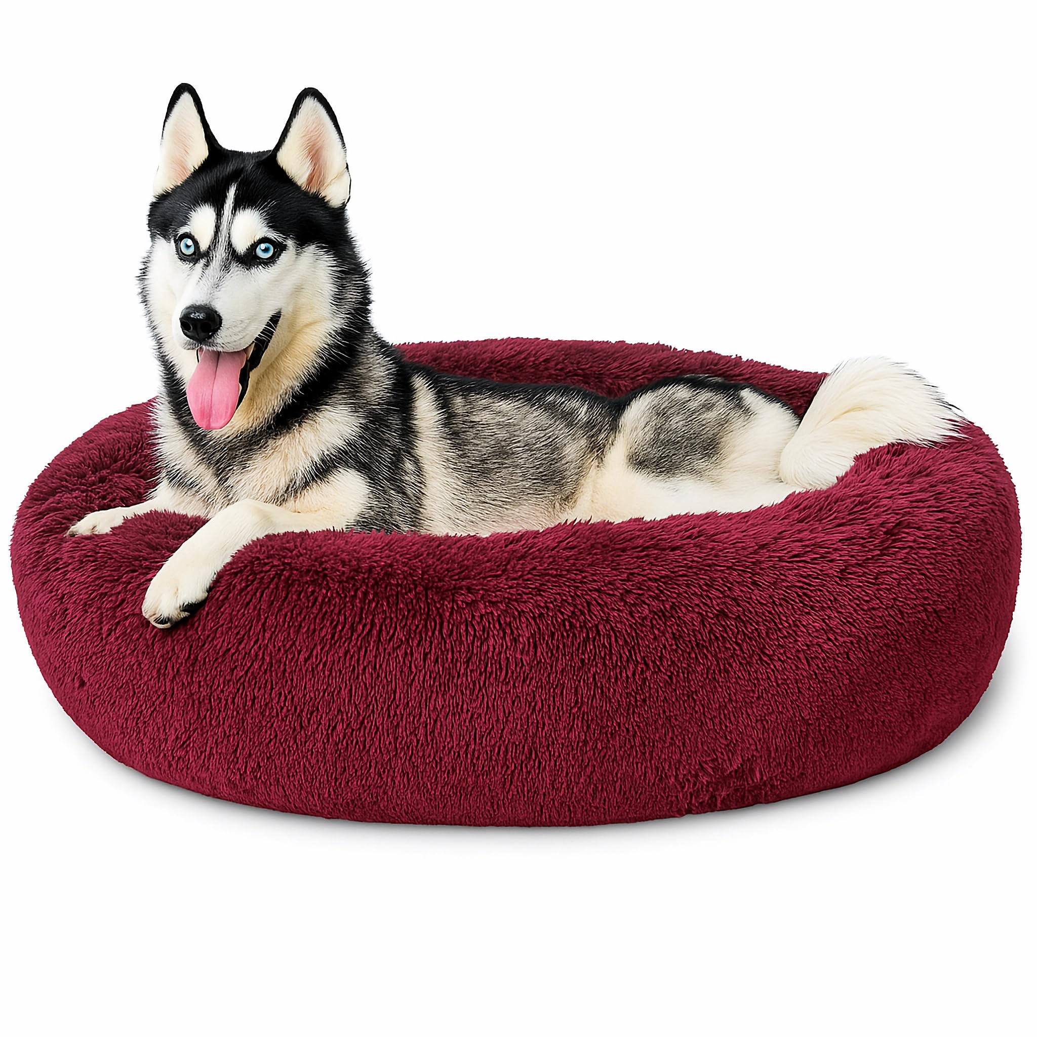 SEOUGEE Calming Donut Dog Bed, Fluffy Plush Round Cat Bed, Cosy Soft Washable Cushion Self-Warming Pet Beds Non-Slip Bottom, Indoor Sleeping Cuddler Nest for Medium Large Dogs (Burgundy 90cm)