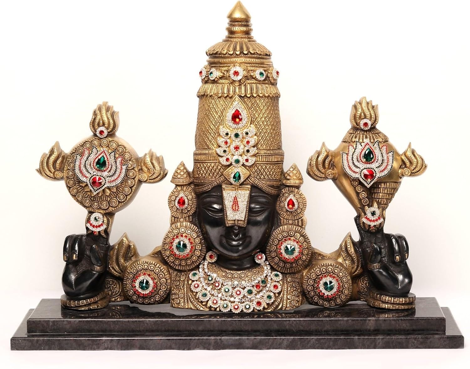 Exotic India 22" Tirupati Balaji (Venkateshwara) Bust Brass Statue Granite Base with Stone Work for Puja Room, Temple, Office, Home Décor