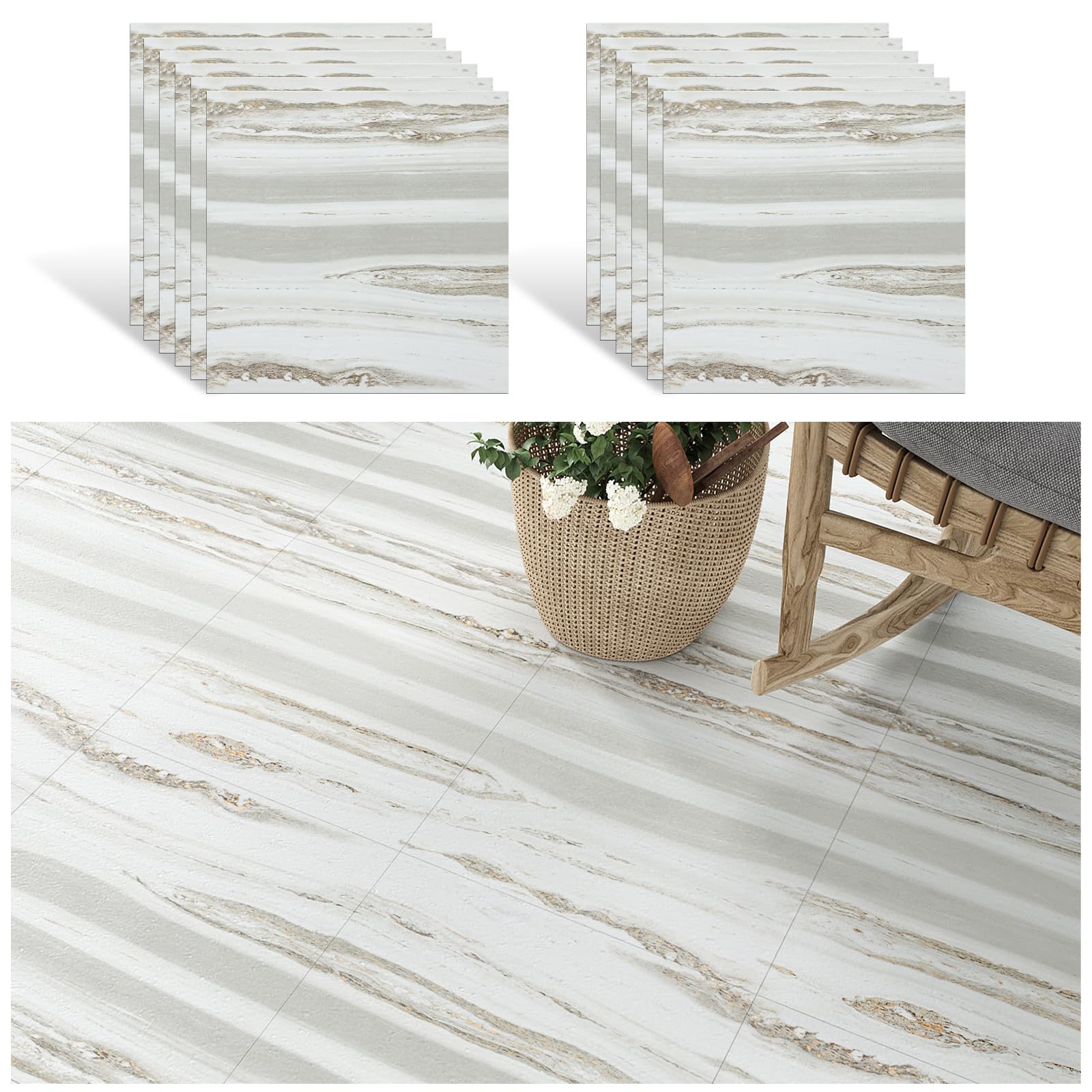 VEELIKE Piastrelle Adesive Pavimento Effetto Pietra Beige Grigio Pavimento in PVC Effetto Legno Pavimento PVC Adesivo Camera da Letto Piastrelle Adesive Cucina Impermeabile 1.5mm 30cm x 30cm 12 Pezzi
