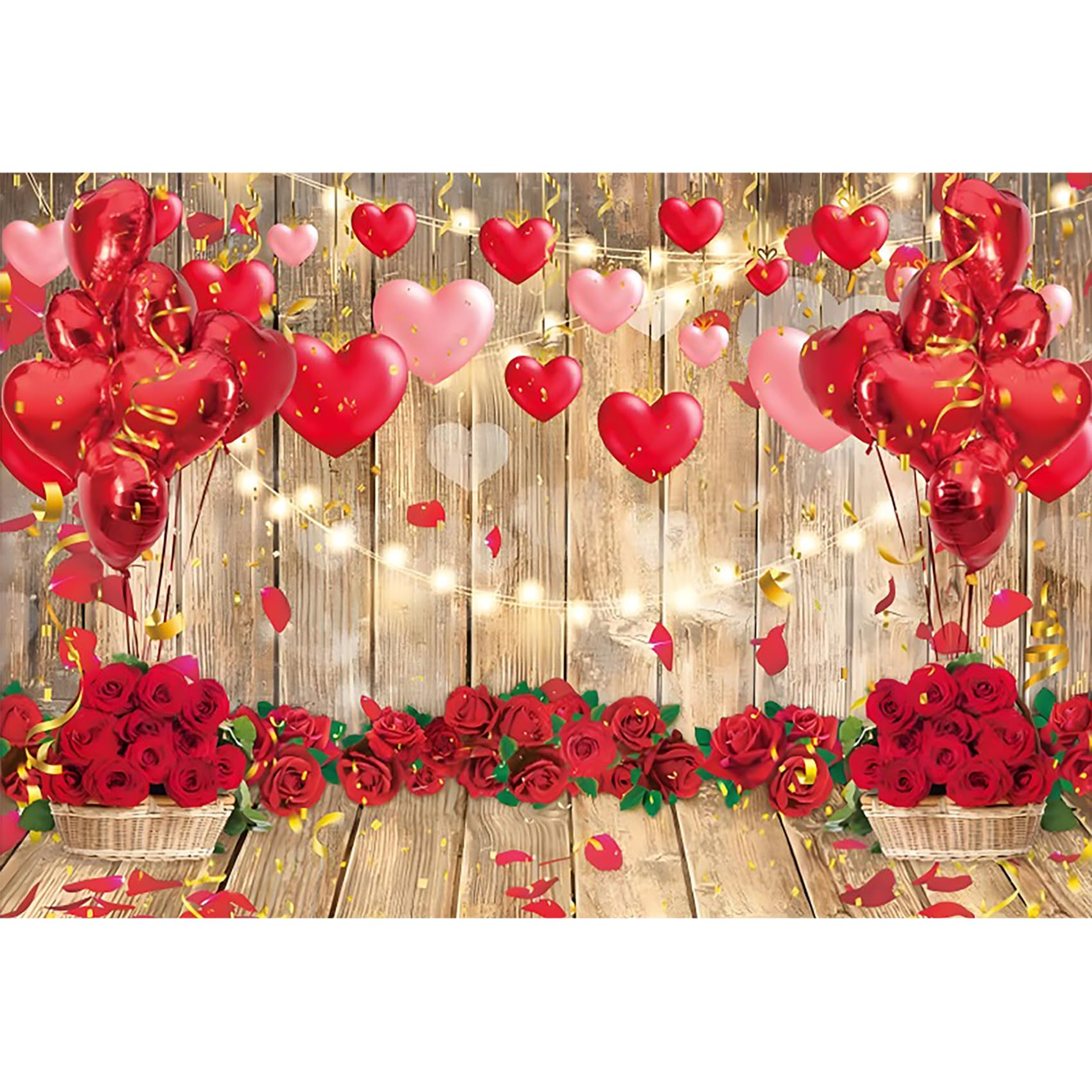 MEHOFOND Sfondo Fotografico In Tessuto 1,5x2,1 M, Tema San Valentino Con Cuori E Petali Di Rosa, Per Matrimoni E Proposte, Lavabile