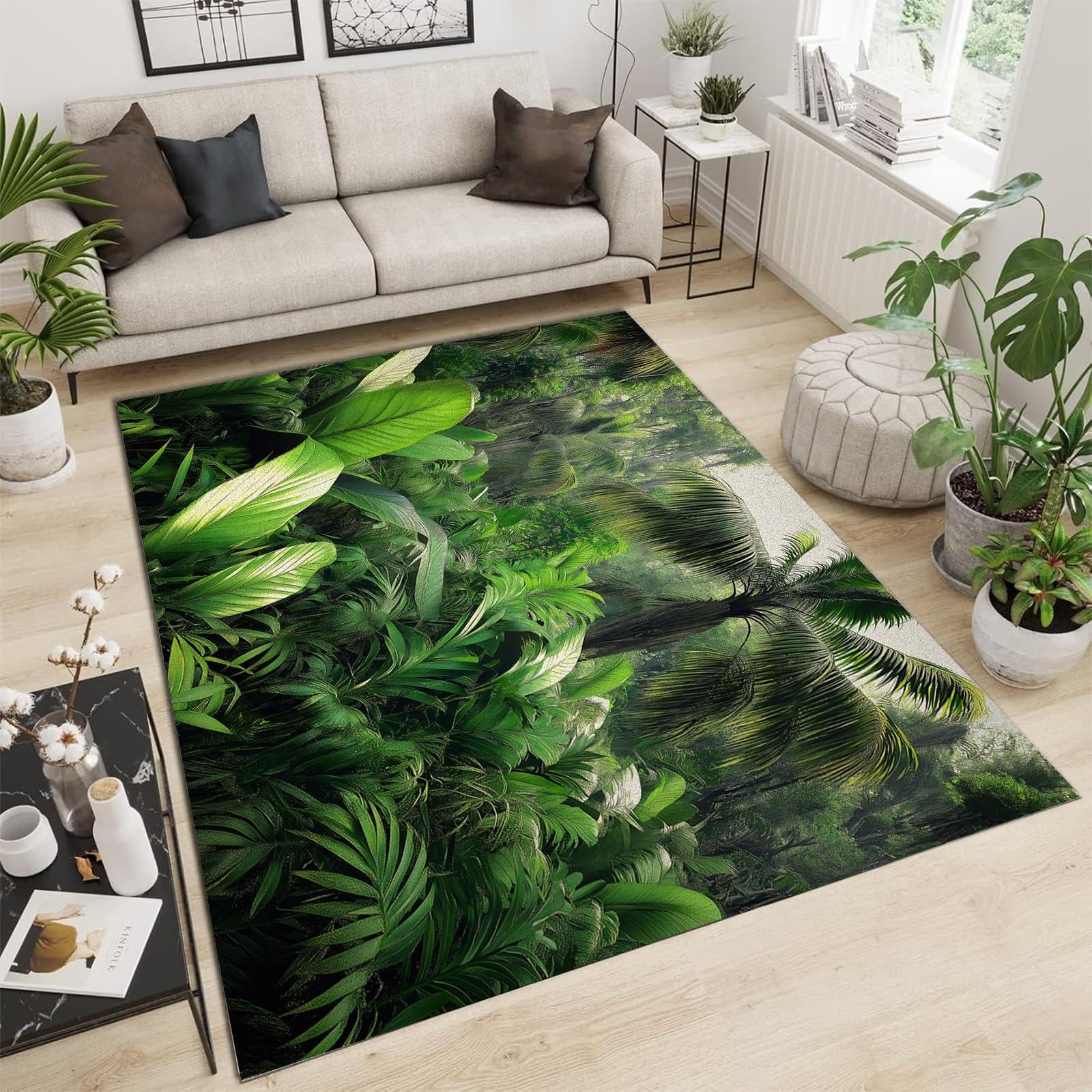 Tapis salon moderne lavable fini les taches avec le motif jungle