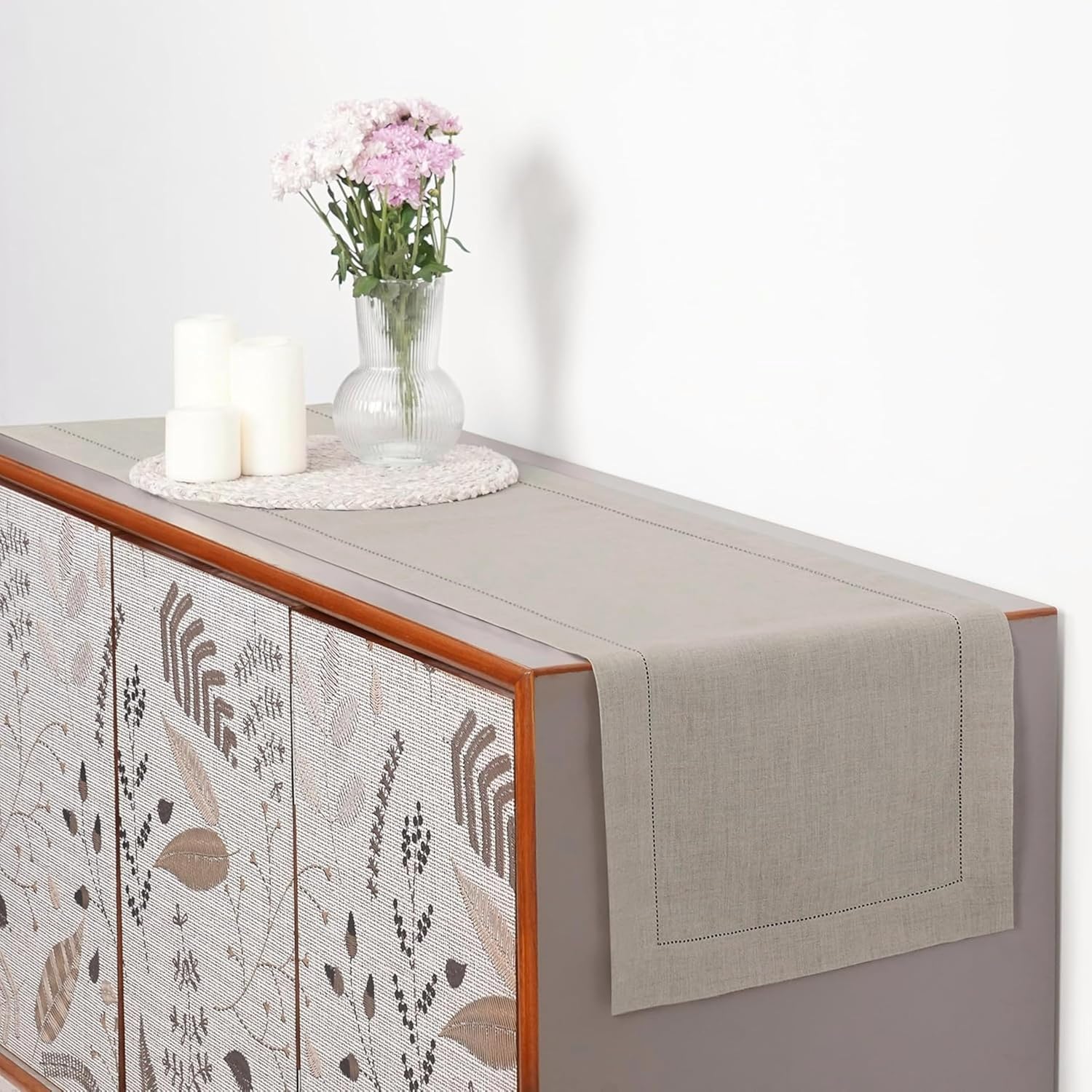 D'Moksha Homes Linen Natural Table Runner 72 Inches Long - 100% Pure Linen Hemstitch Table Runner 14 x 72 Inch for Dresser, Dining, Mothers Day, Spring, Easter - Classic Hemstitch