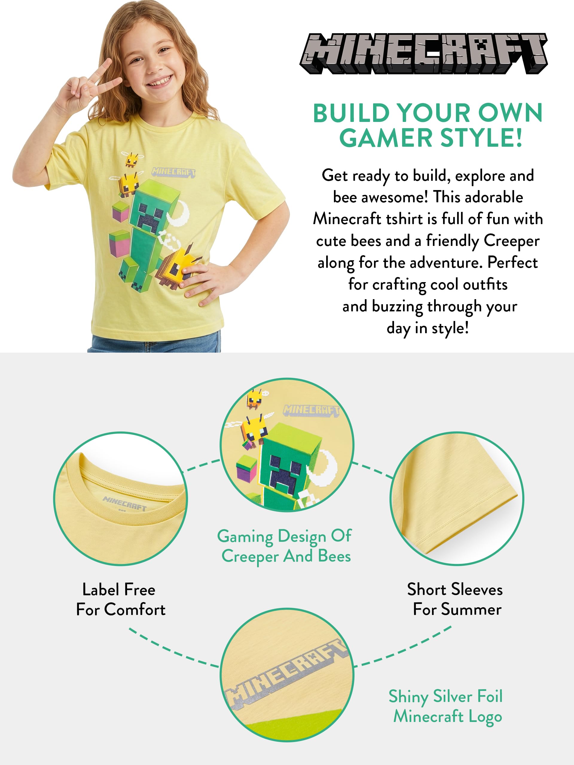 Minecraft Camiseta para Gamers, Camiseta para Niña con Abejas Y Creeper, Camisetas de Manga Corta Niña