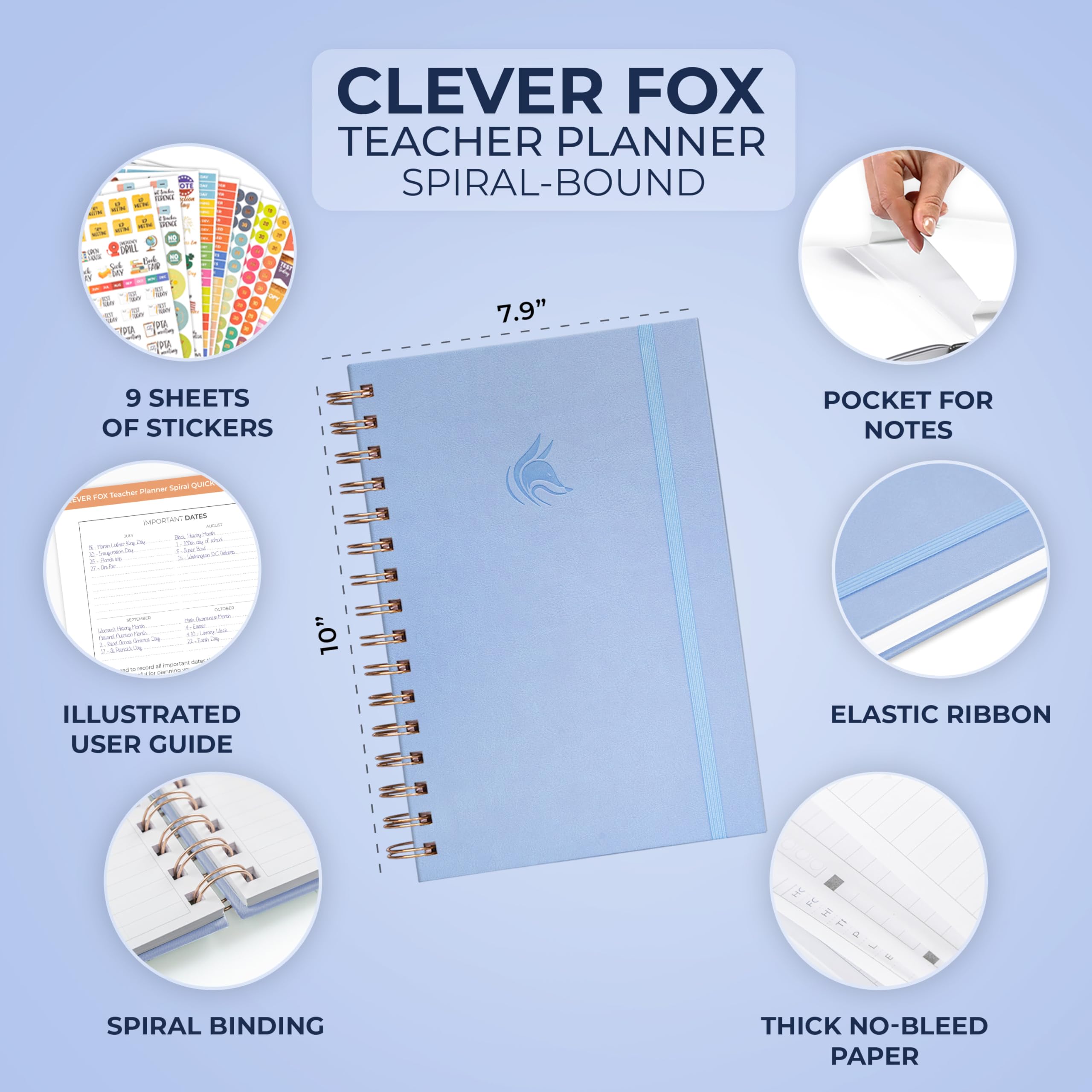 Clever Fox Planificador para profesores en espiral, planificador de año escolar con calendarios y planes de lecciones, libro de plan para profesores para organización de aula y escuela en casa, sin