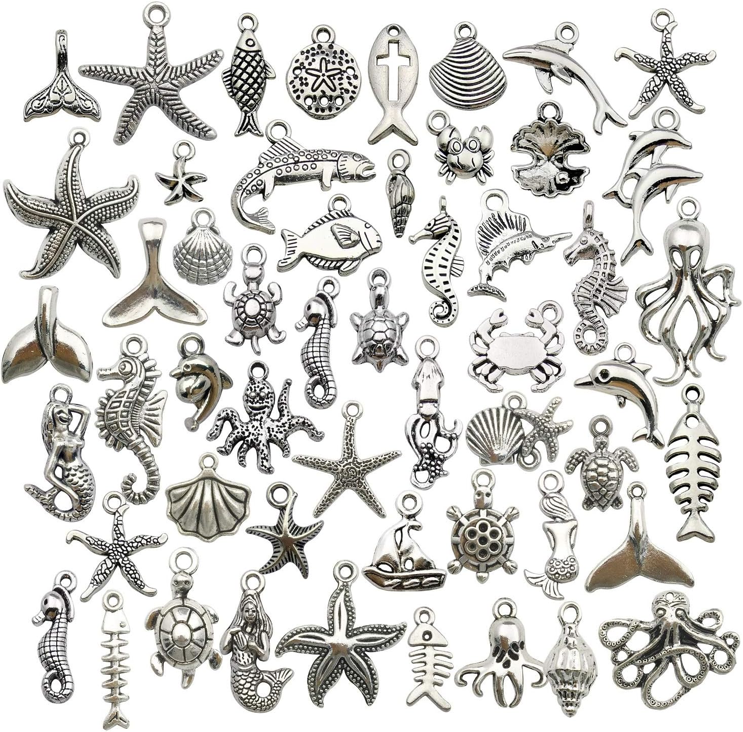 Youdiyla 100pcs Summer Beach Charms Collection, Bulk Marine Sea Animal Life Nautical Charms Metal Pendant Craft Supplies Findings for Necklace and Bracelet Jewelry Making (HM292)