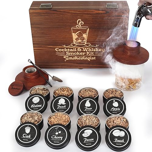 SMOKEOLOGIST Kit de whisky, cóctel y ahumador a la antigua moda con antorcha, incluye 8 sabores únicos de madera natural, caja de madera de lujo