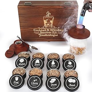 SMOKEOLOGIST Whiskey, Cocktail, and Old Fashioned Smoker Kit with Torch – includes 8 Unique Natural Wood Flavors, Luxury Wooden Box Gift Packaging, Premium Butane Torch (butane fuel not included)