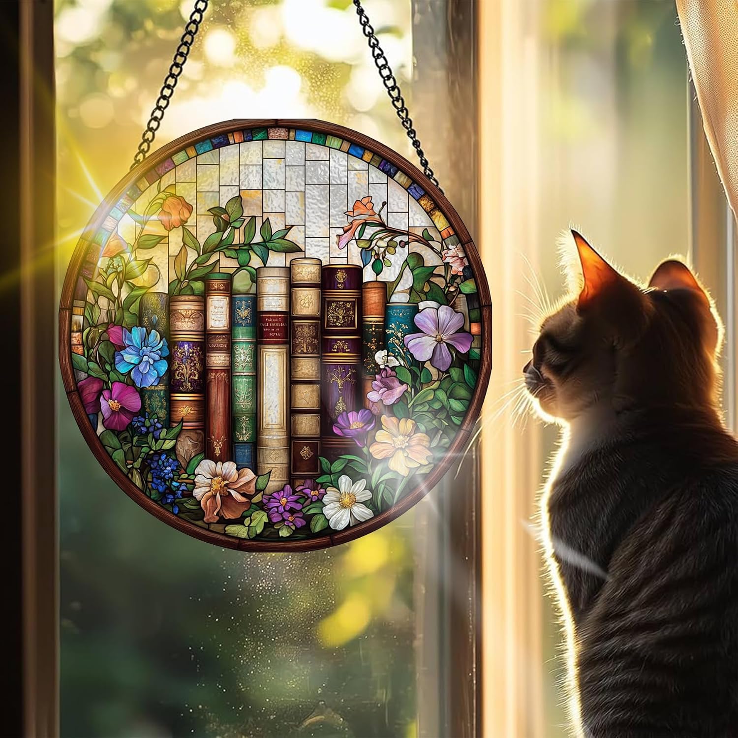 VAIIEYO Book Sun Catcher Stained Glass Window Hanging Ornament, Handmade Sun Catcher Flower Decoration with Hooks for Window Garden Home, Birthday Housewarming Gift 7.8 inch