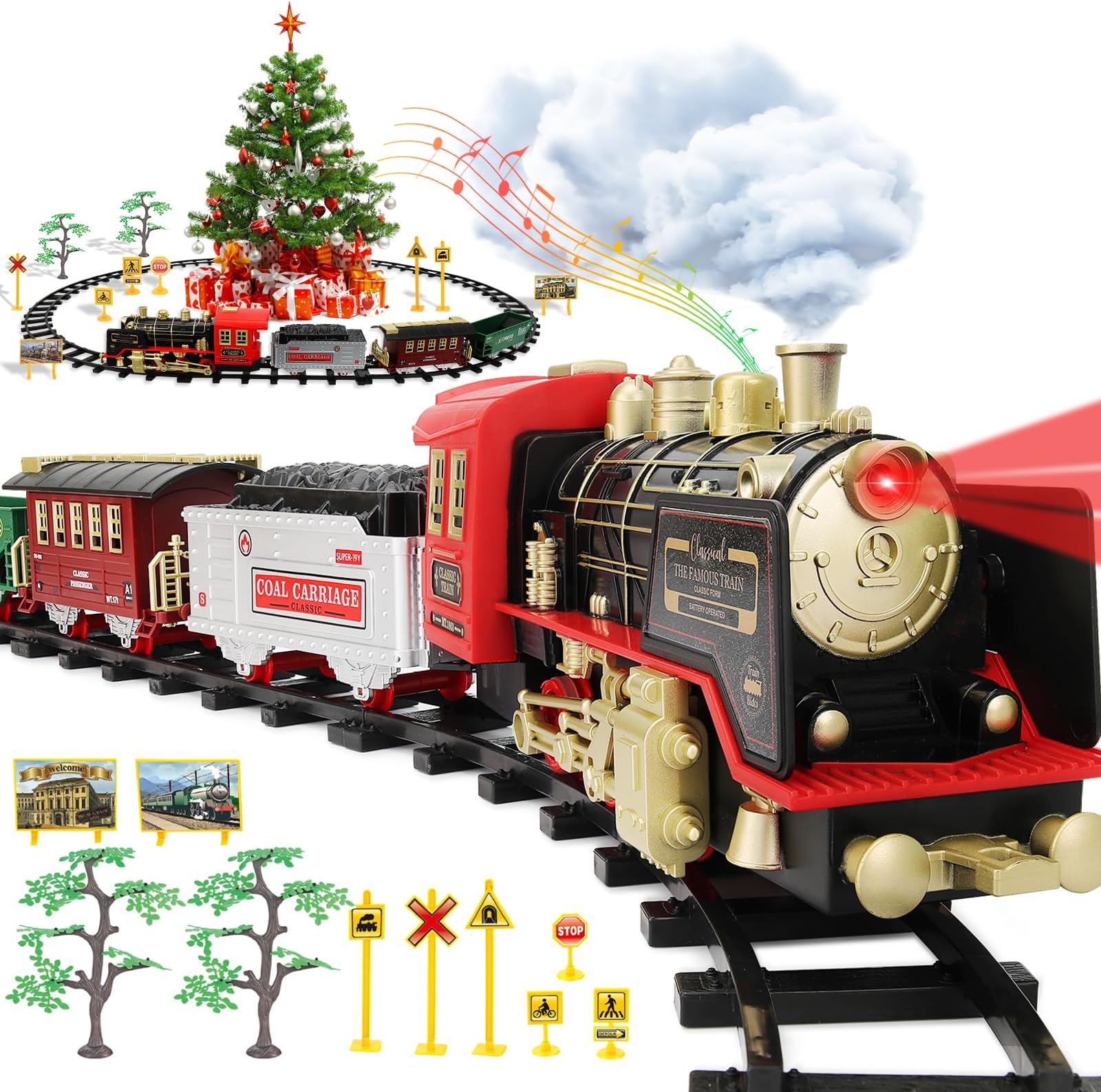 Train Set for Boys 3-5,Electric Train Tracks Set for Toddlers 2-4 Year Old,Christmas Train Sets for Around The Tree with Smoke, Light & Sounds, Christmas Toy Gifts for Kids Girls Ages 4-8