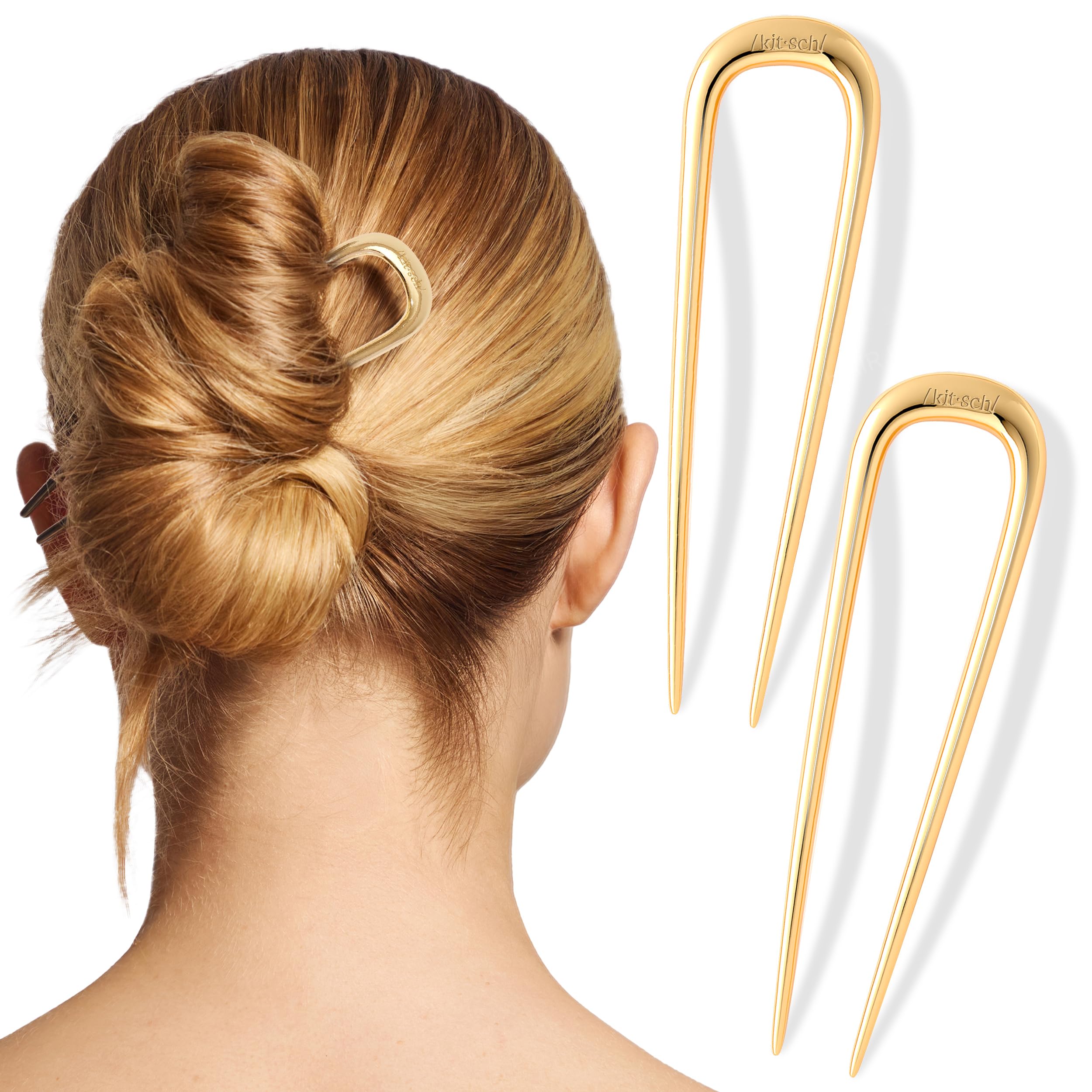 Kitsch Metal French Hair Pin for Women, Hair Fork for Buns, French Twist Pin for Easy Hairstyle, Perfect for Long and Thick Hairs - 2pcs Gold