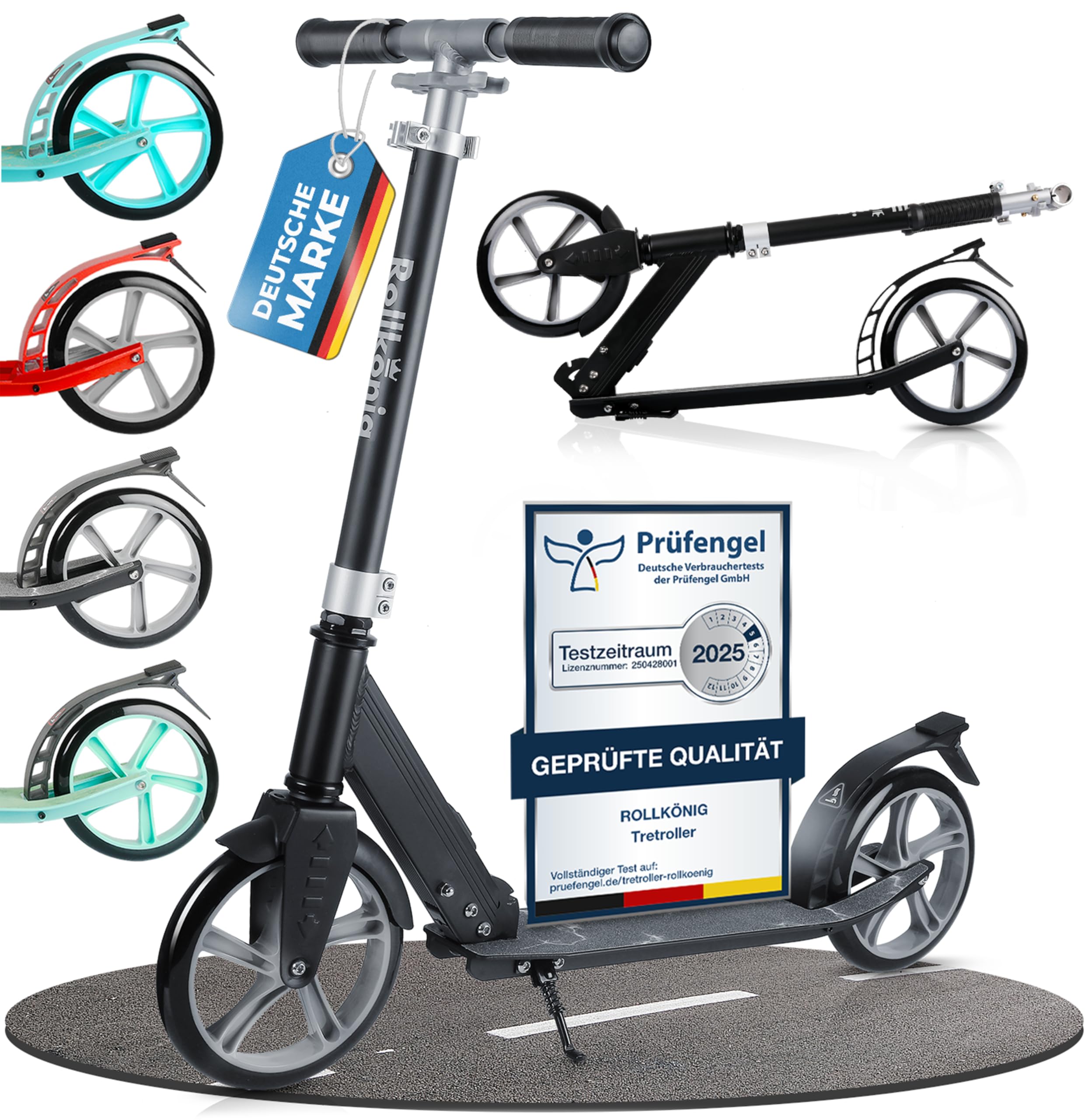 Rollkönig ® Scooter für Kinder ab 5 Jahren I Der Faltbare City-Scooter mit großen Rädern I Tret-Roller für Erwachsene mit bis zu 100kg Tragkraft (Schwarz/Grau)