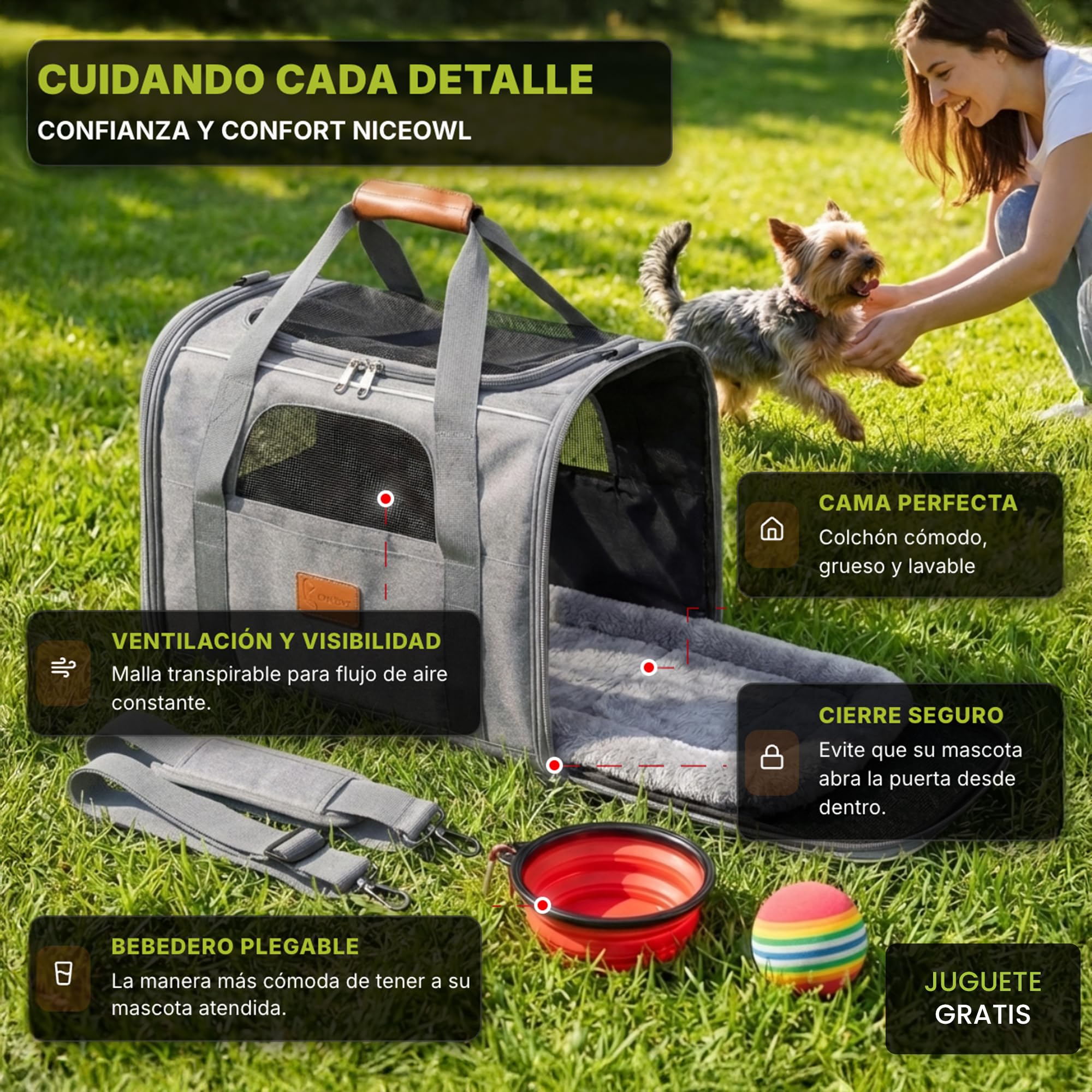 Transportin Perro Gato Plegable y Reforzado con Cama, Bebedero y Juguete de Regalo | Transporte de Gato Viaje Cómodo y Seguro | Bolsa de Transporte Portátil con Ventilación 360º