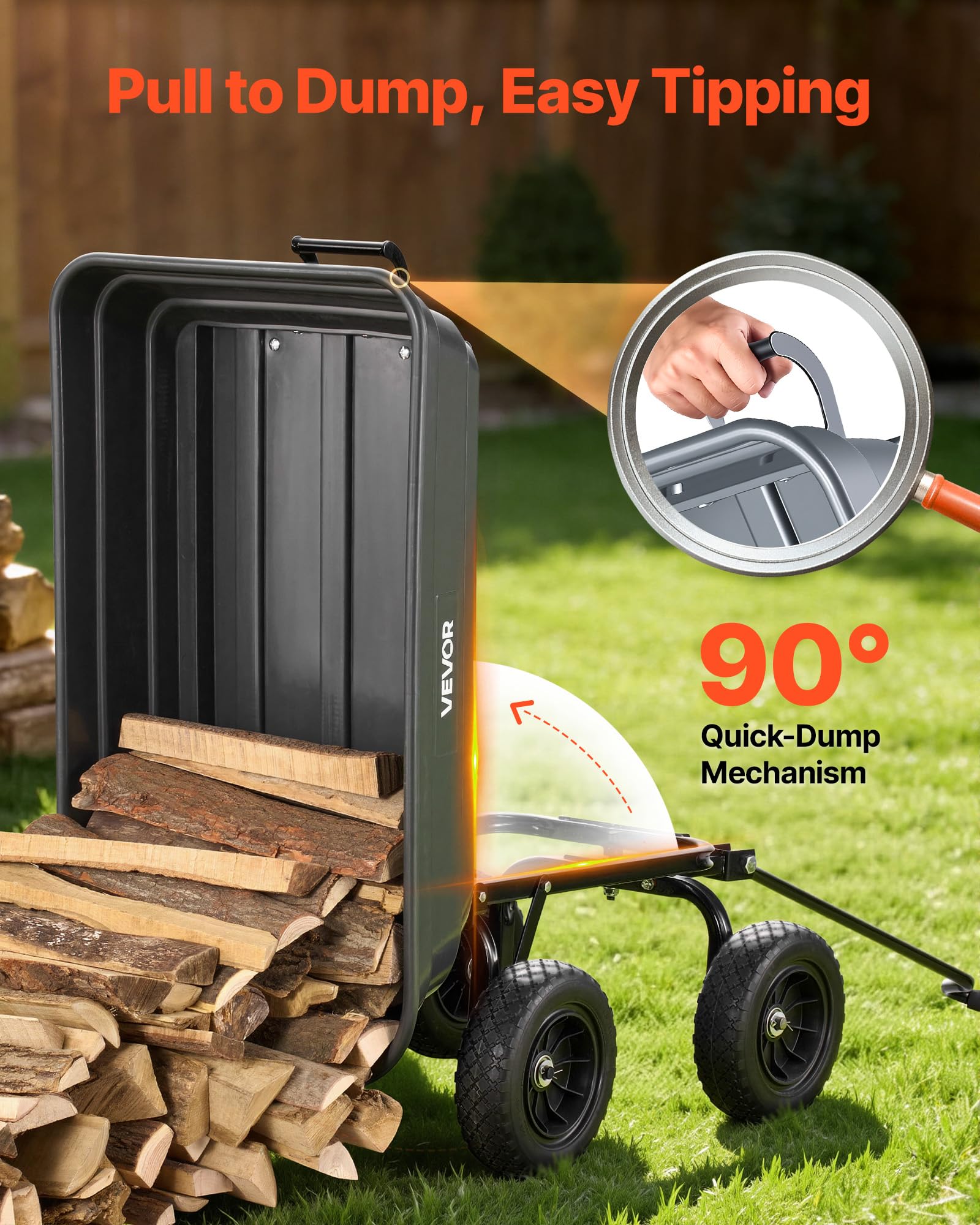 VEVOR Chariot de Jardin Basculant Max. 272 kg Chariot à Benne Basculante en PP pour Transport de Bois Plantes Terre, 4 Roues Increvables Pivotantes à 180°, Basculement à 90°, Roulement Rotatif à 270°