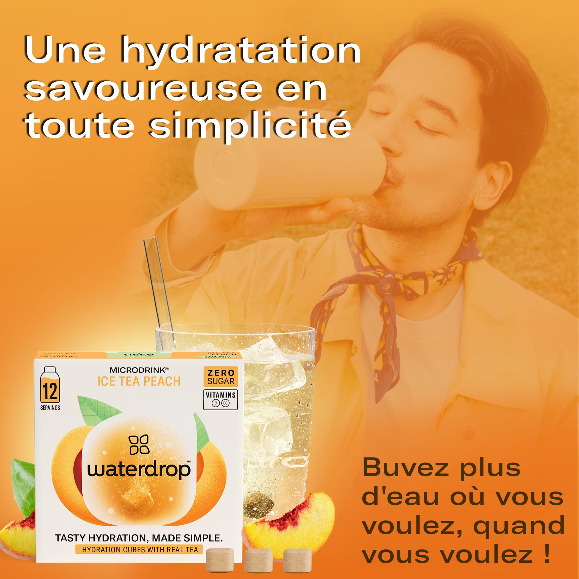 waterdrop® Thé Glacé Pêche, 36 cubes d'Ice Tea Sans Sucre, Saveur Thé Noir + Pêche, Pastilles d'eau aromatisées pour boissons, Extraits naturels de fruits et de plantes, Enrichi en vitamines