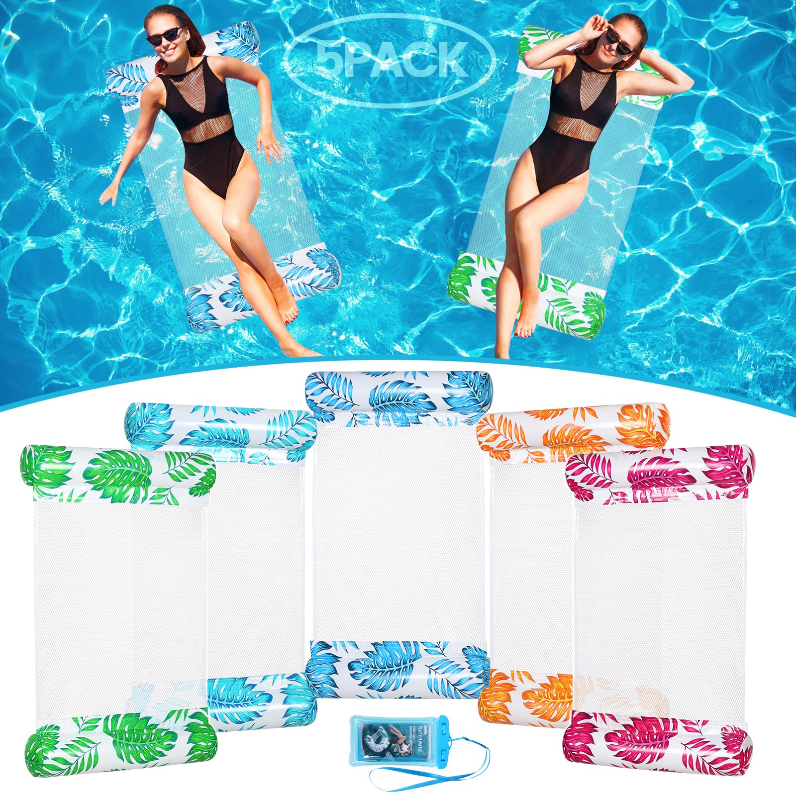 5 Pack Inflatable Pool Float Hammock with Tropical Leaf Design, Lilo Pool Inflatables for Adults, Multi-Purpose 4-in-1 Lake Floats, Water Hammock Lounge with Waterproof Phone Bag