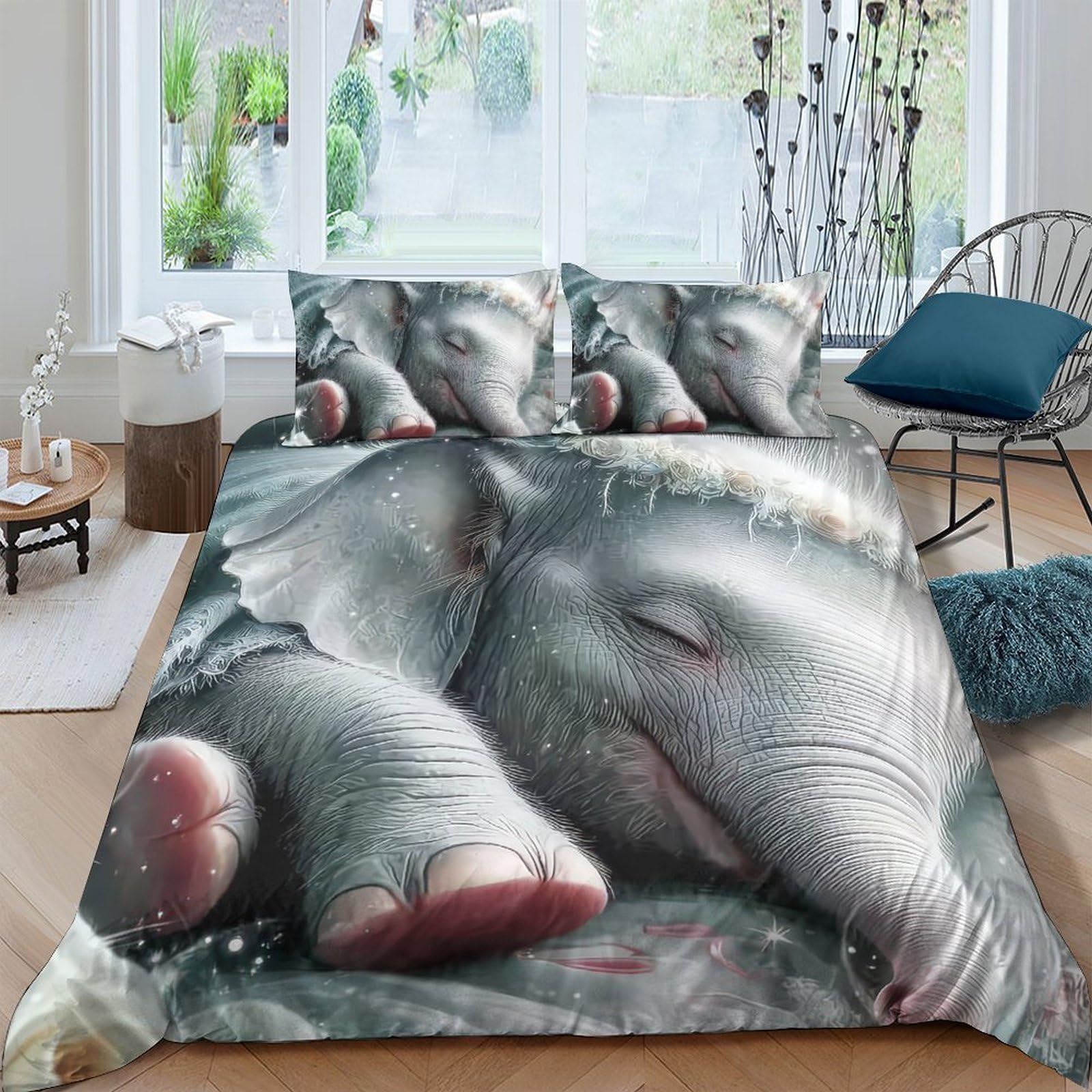 Ctjqhvkz Style-1 3D Printed Sleeping Elephant Fitted Sheet Microfiber Anti-Slip Cartoon Bed Cover For Bedroom Guest Room Easy Wash Single（135X200cm）