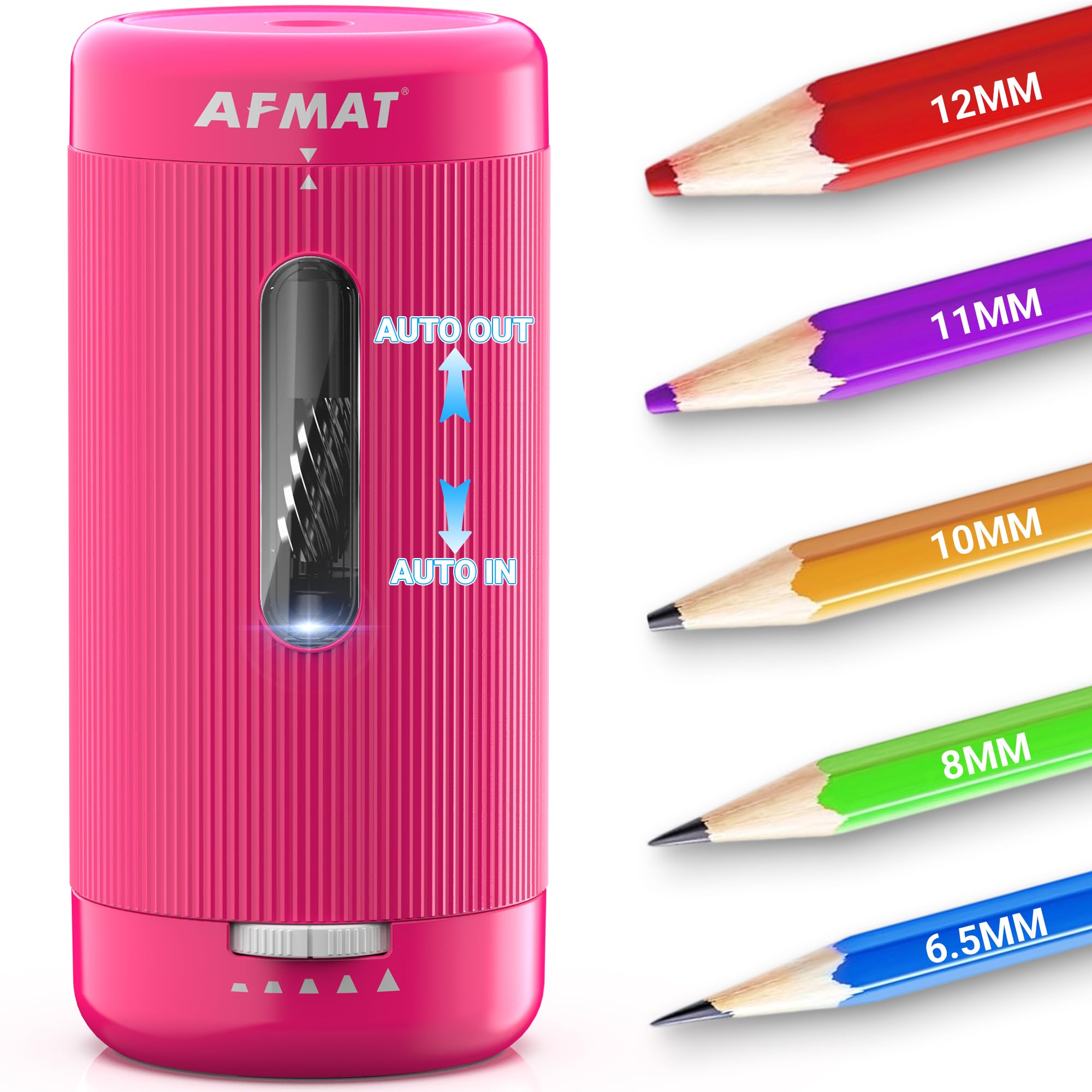 AFMAT Electric Pencil Sharpener for Colouring Pencils, 6.5-12 mm Pencils, Pencil Sharpener, Electric Thick Pens, Rechargeable Sharpener with Tin for Schools, Households, Offices, Classrooms, Pink