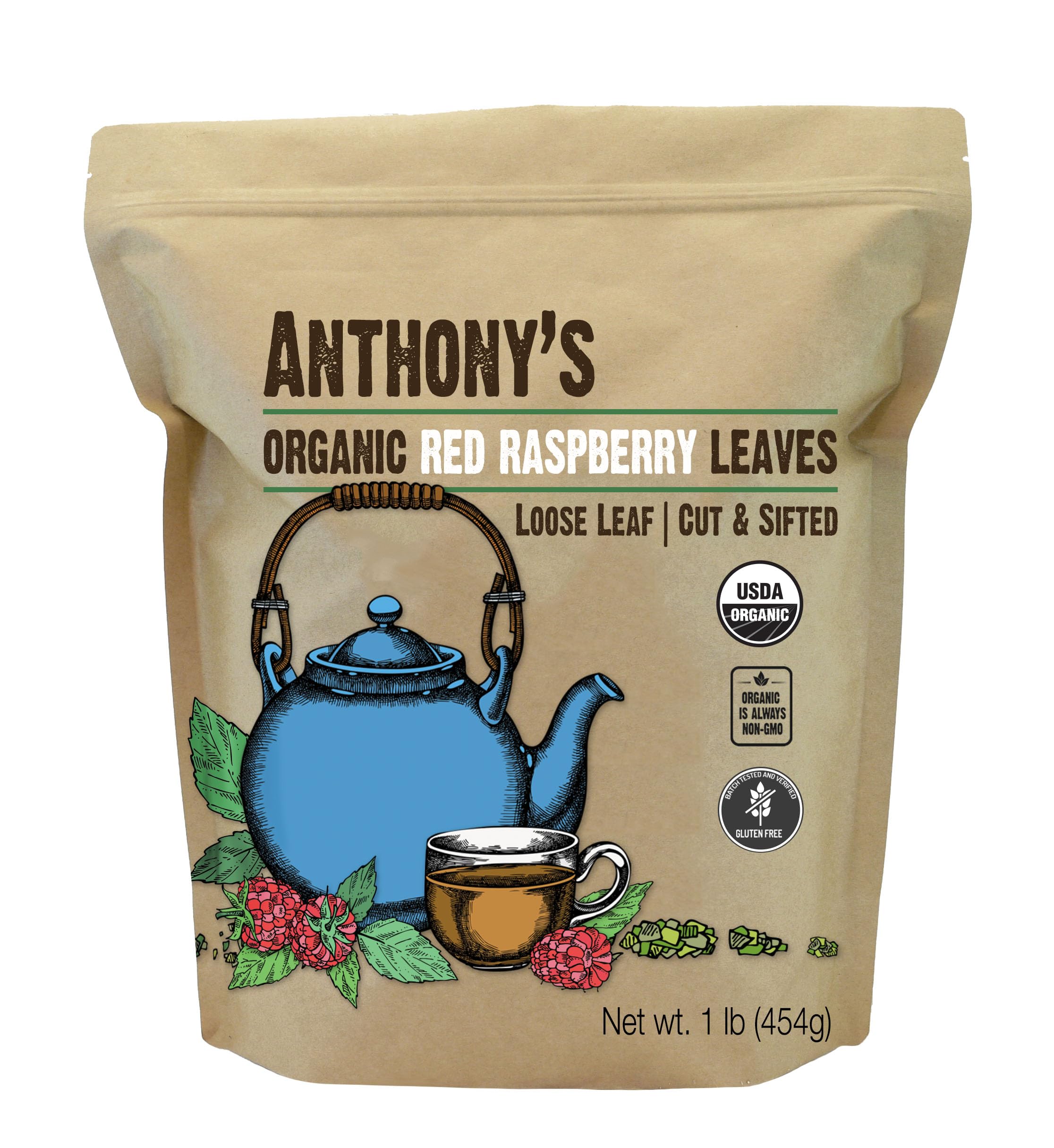 Anthony's Organic Red Raspberry Leaves, 1 lb, Cut & Sifted, Gluten Free, Non GMO, Non Irradiated, Keto Friendly