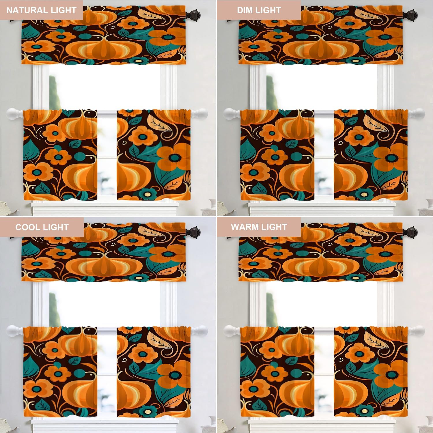 Shrahala Thanksgiving Pumpkin Tier Curtains for Kitchen Windows, Autumn Vintage Floral Window Curtain Panels Multilayer Polyester Blackout for Living Room Bathroom 2 Pack 26 x 24 in
