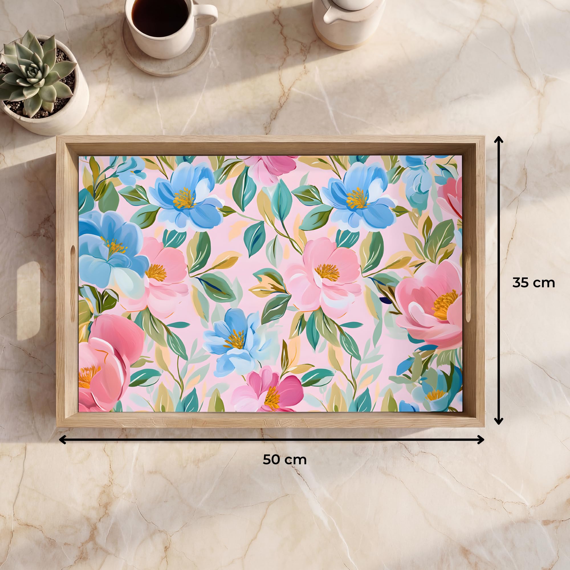 Bandeja De Madera Rectangular 50x35 cm Bandejas para Servir Comida Desayuno Decorativas Roble Cocina Tabuleiro Cafe Decoracion Azul - Rosa - Flores