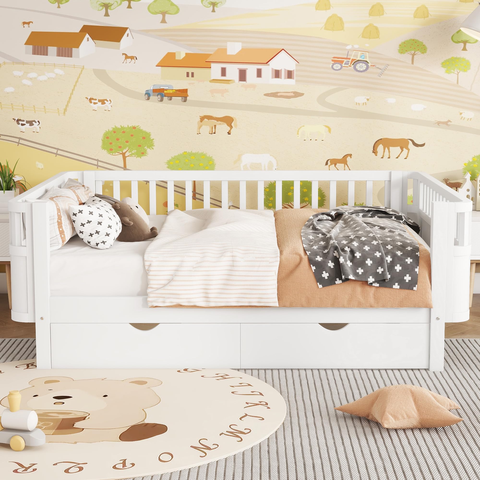 KEIKI Full Size Wooden Floor Day Bed w/Large Storage Drawers, Space Saving Corner Platform Daybed Frame, Removable Safety Rail, Montessori Kids Beds for Boys Girls Bedroom, No Box Spring Needed, White