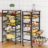 Storico 5-Tier Rolling Utility Cart with Wheels, Wooden Top & Mesh Baskets - Kitchen Bathroom Laundry Storage Organizer