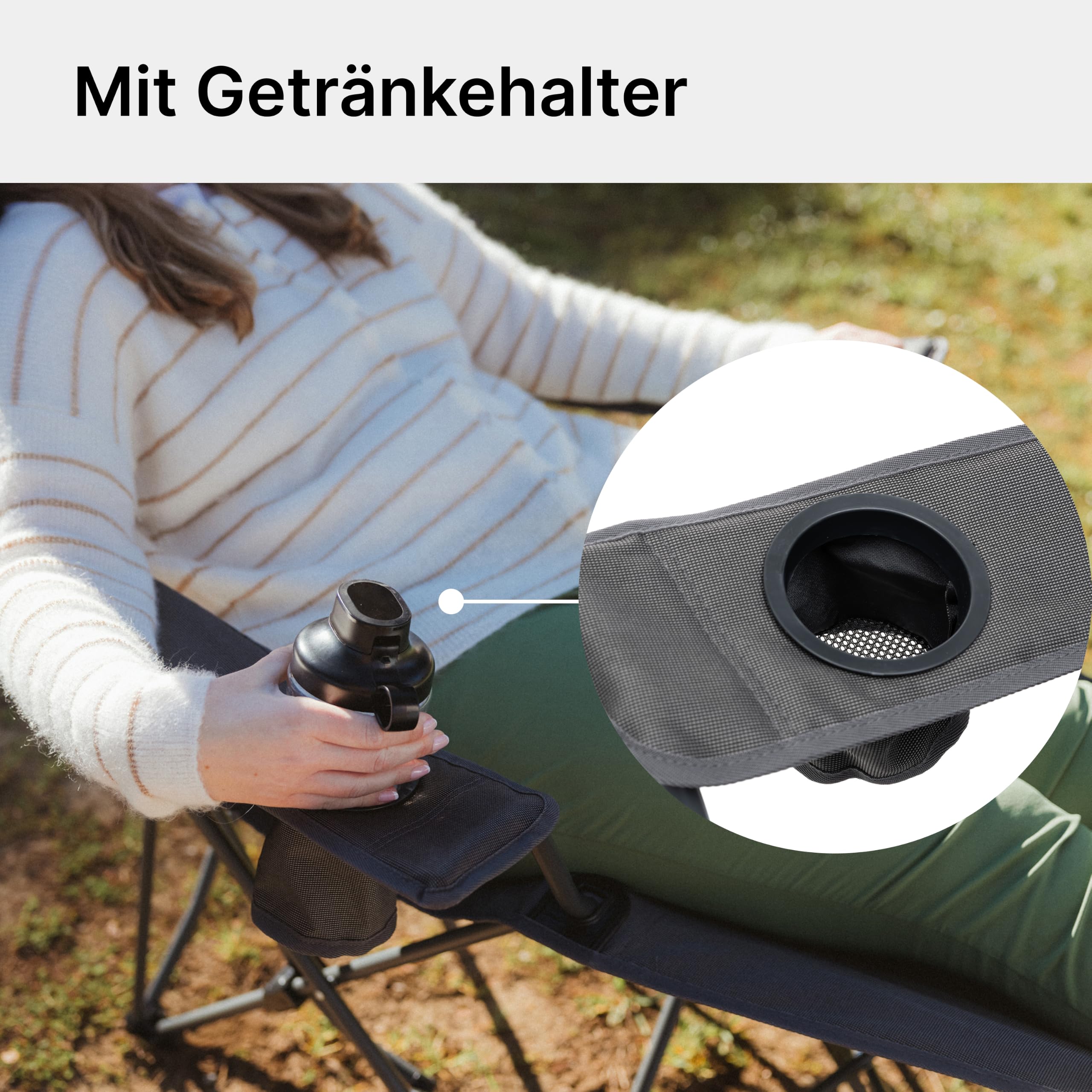 qeedo Johnny Relax Campingstuhl mit Liegefunktion, bis 105 kg belastbar, Faltstuhl mit Fußablage, Getränkehalter und Kühlfach, bequemer, Verstellbarer Angelstuhl oder Festivalstuhl